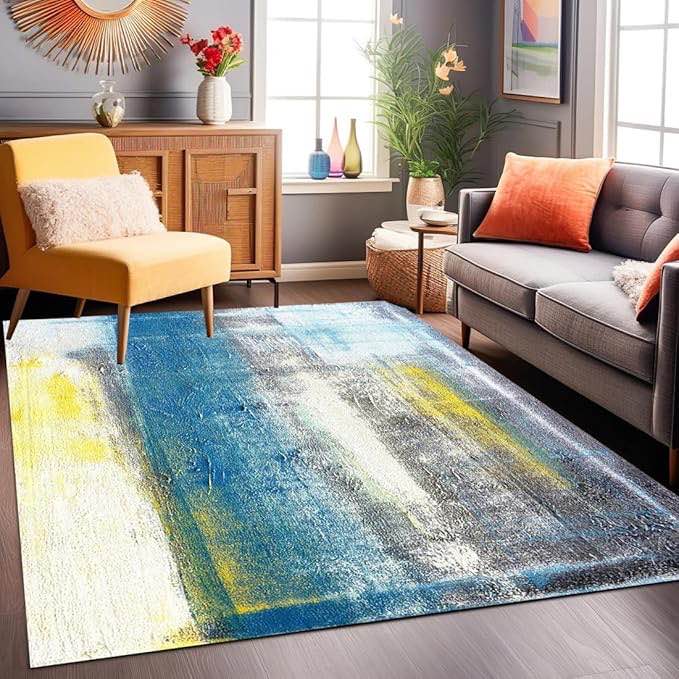 Blue Yellow Grey Vibrant Modern Abstract Area Rug 7x10 Faux Wool Washable Aesthetic Rugs for Living Room Bedroom Soft Thick Carpet Under Dining Table Indoor Runners