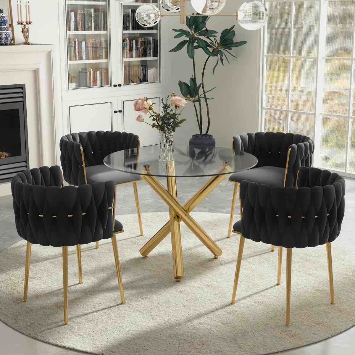 ( incomplete ) Raykwan Dining Set Size: 29.5"H x 47.24"L x 47.24"W, Chair Color: Beige, Table Base Color: Gold