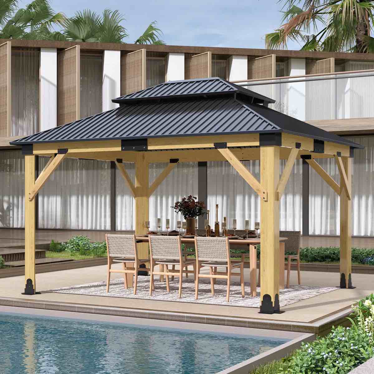 (incomplete box 4 of 5 ) Outdoor Solid Wood Gazebo - Patio Galvanized Steel Hardtop Gazebo