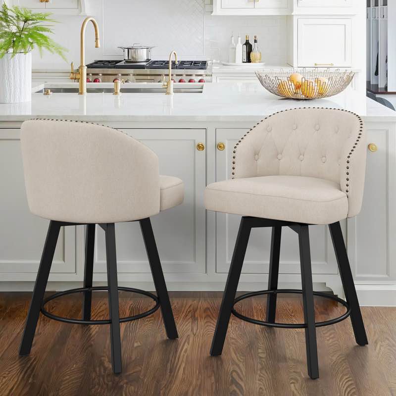 elyana counter height bar stools set of 2, swivel bar stool with back, linen counter stool, metal legs, retro upholstered barstools for kitchen island, home bar, pub