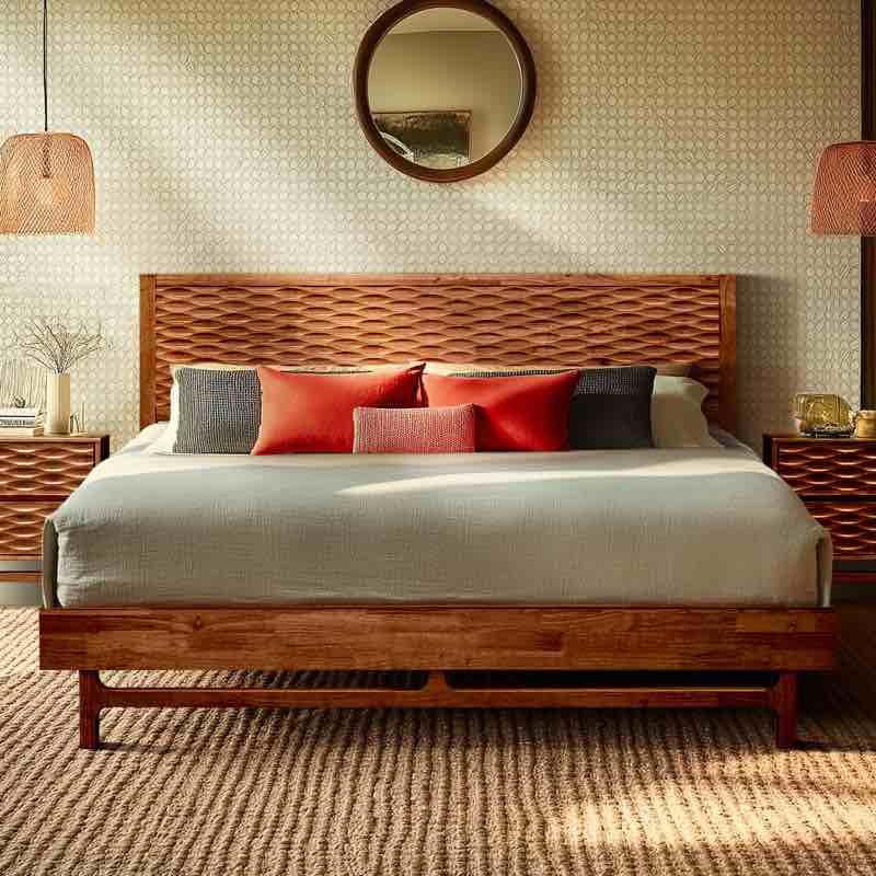 Gerrell Elara Solid Wood Platform Bed Frame with Sculpted Spearhead Headboard – Mid-Century Modern Style, 800lbs Capacity, All Mattress Support, No Box Spring Needed, 5 Years Warranty