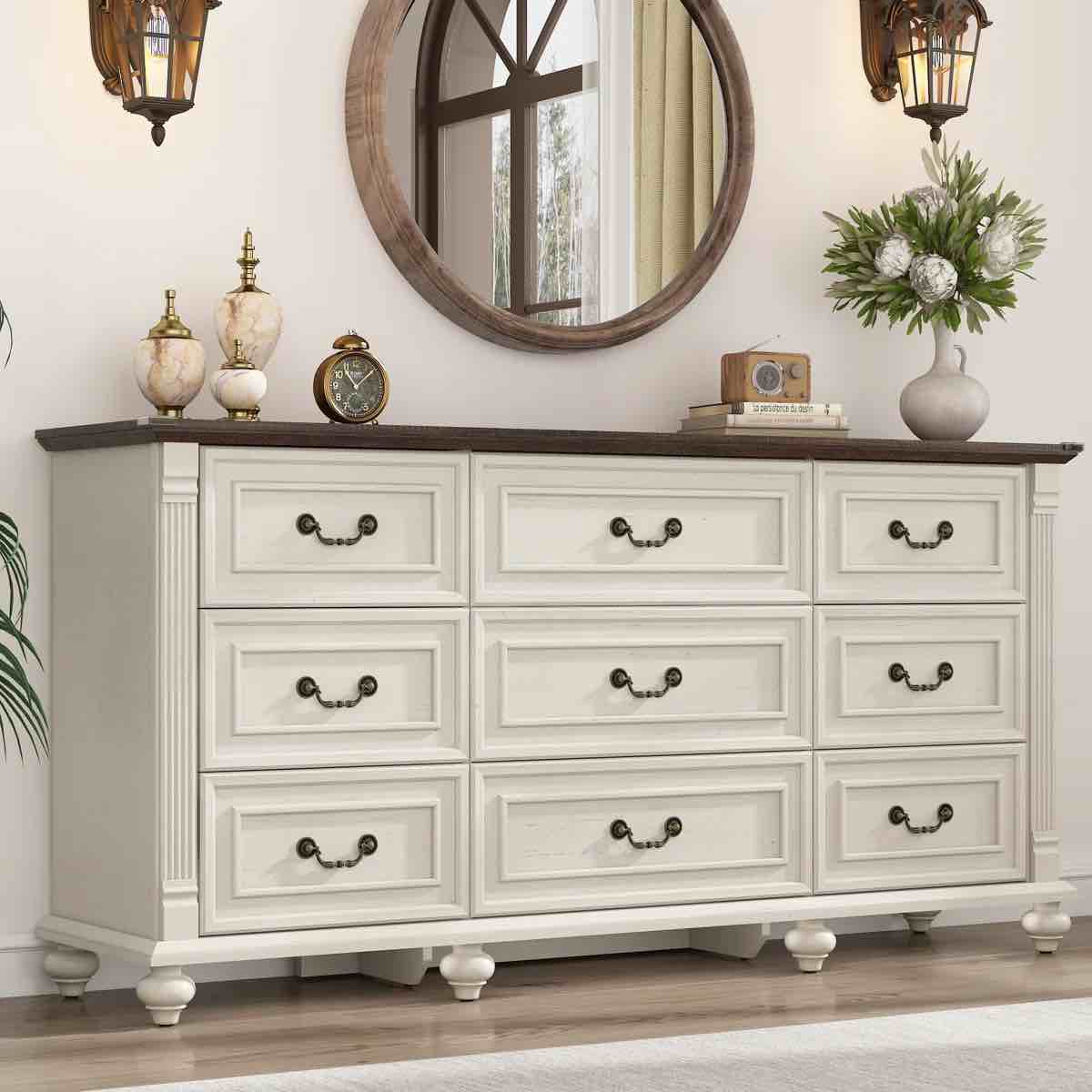 63" farmhouse 9 drawer wood dresser for bedroom with 6 solid wood feet and roman column decor