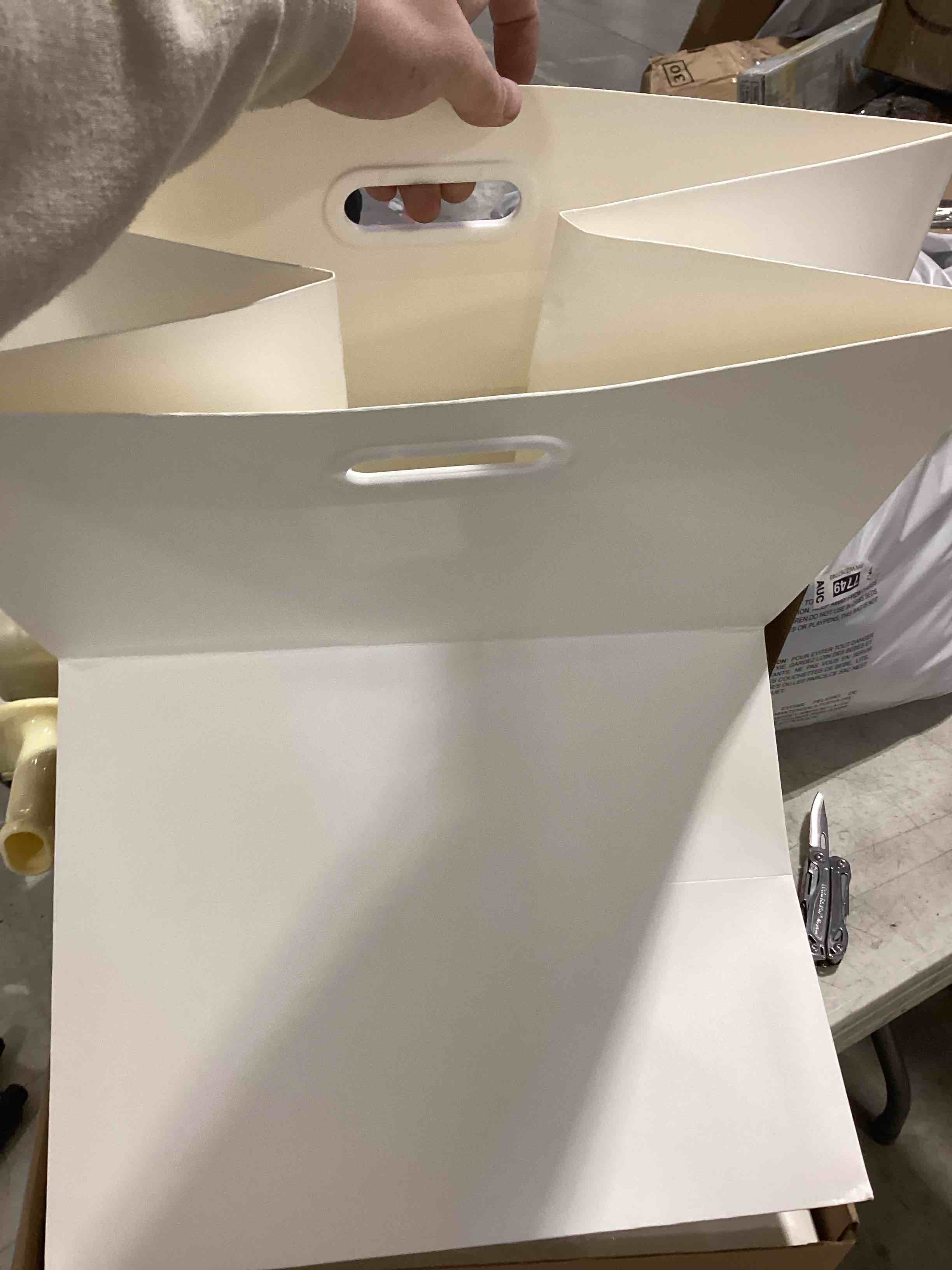 Condition photo showing As Is for 4 Pack Extra Large Disposable Trash Cans, Reusable Portable Garbage Can with Handle, 30 Gallon Extra Thick Collapsible Recycled Cardboard Garbage Can Recycling Bins for Parties,White (30x14x14 Inches)