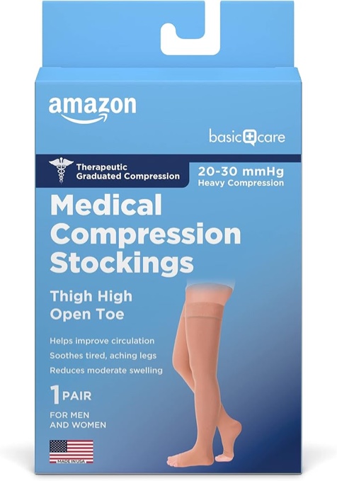 Condition photo showing As Is for Amazon Basic Care Medical Compression Stockings, 20-30 mmHg Support, Women & Men Thigh Length Hose, Open Toe, Beige, Medium (Previously NuVein)