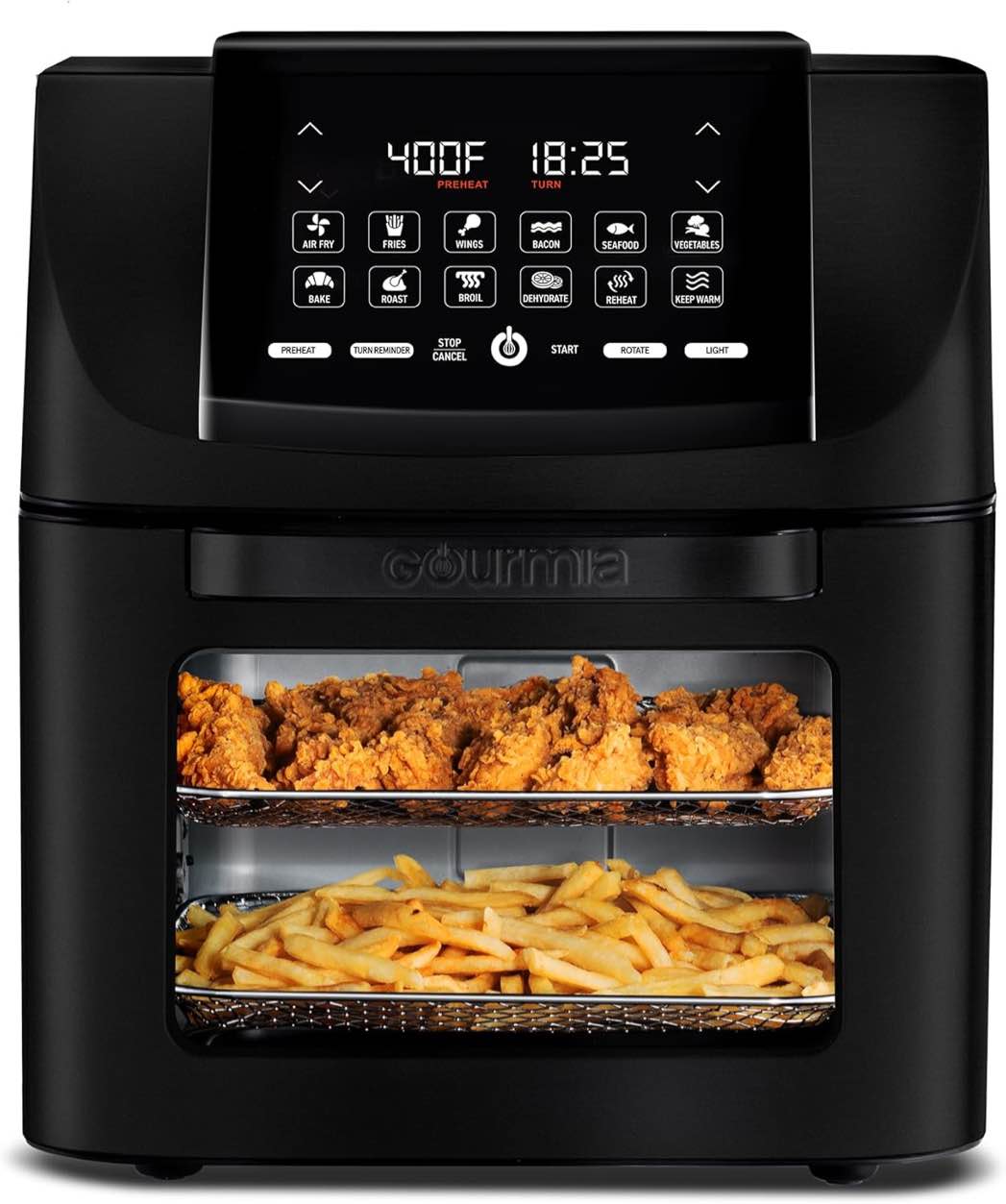 Condition photo showing As Is for Gourmia Air Fryer Toaster Oven Combo - All-in-One 14-Quart Digital Air Fryer Toaster Oven with Rotisserie & Dehydrator – 12 Presets, Guided Cooking Prompts, 1750W, Dishwasher-Safe Accessories