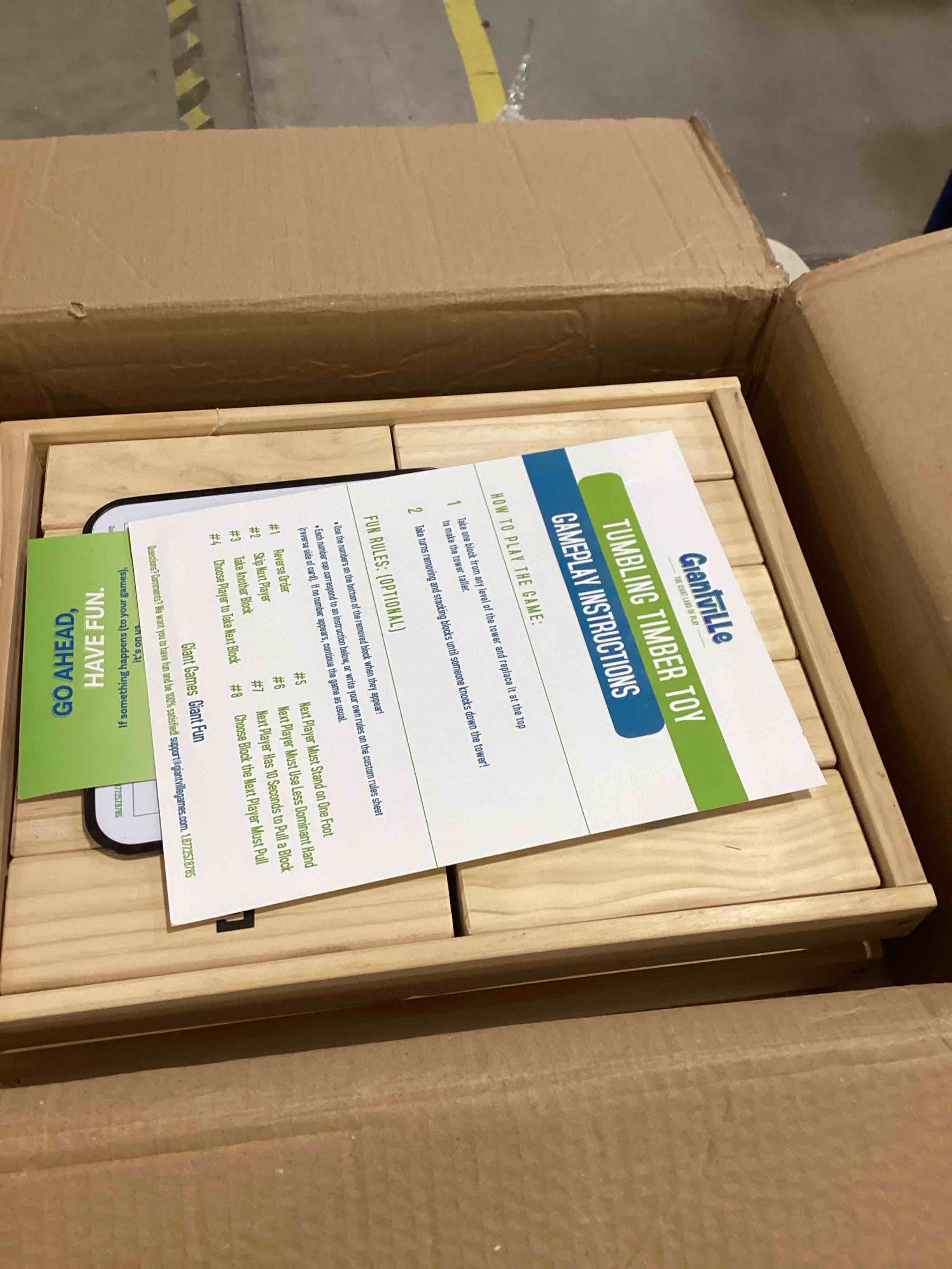 Condition photo showing As Is for Giant Tumbling Timber Toy - Jumbo JR. Wooden Blocks Floor Game for Kids and Adults, 56 Pieces, Premium Pine Wood, Carry Bag - Grows from 2-feet to Over 4-feet While Playing, Life Size Yard Tower Game