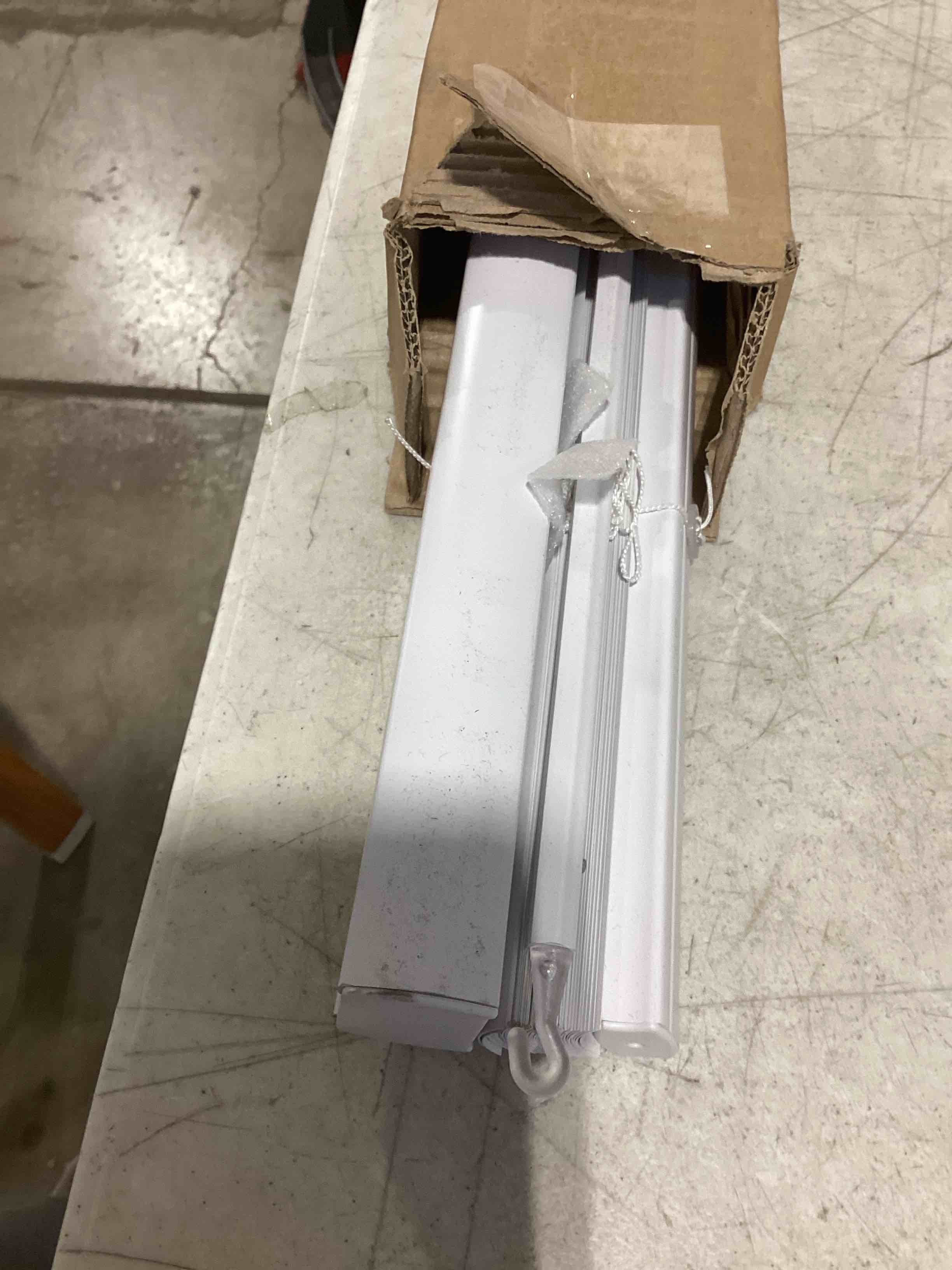 Condition photo showing As Is for chicology cordless mini blinds, 1 inch vinyl window blinds, room darkening & privacy, easy install with adhesive brackets, child safe, for windows, doors & campers, midnight white,28" w x 36" h 28"w x 36"h midnight white (blackout)