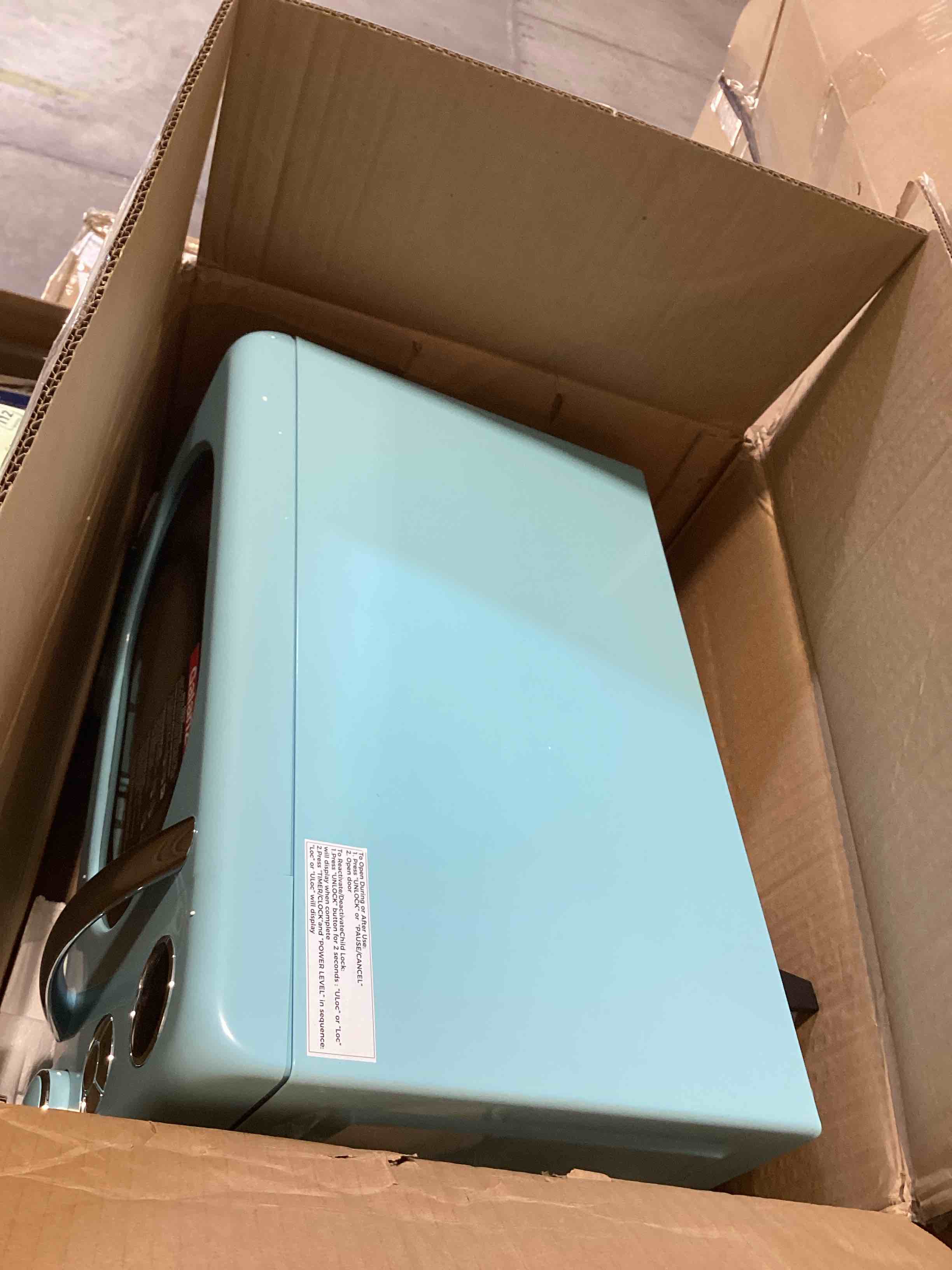 Condition photo showing As Is for galanz glcmka07ber-07 retro microwave oven, led lighting, pull handle design, child lock, bebop blue, 0.7 cu ft blue .7 cu ft classic microwave oven