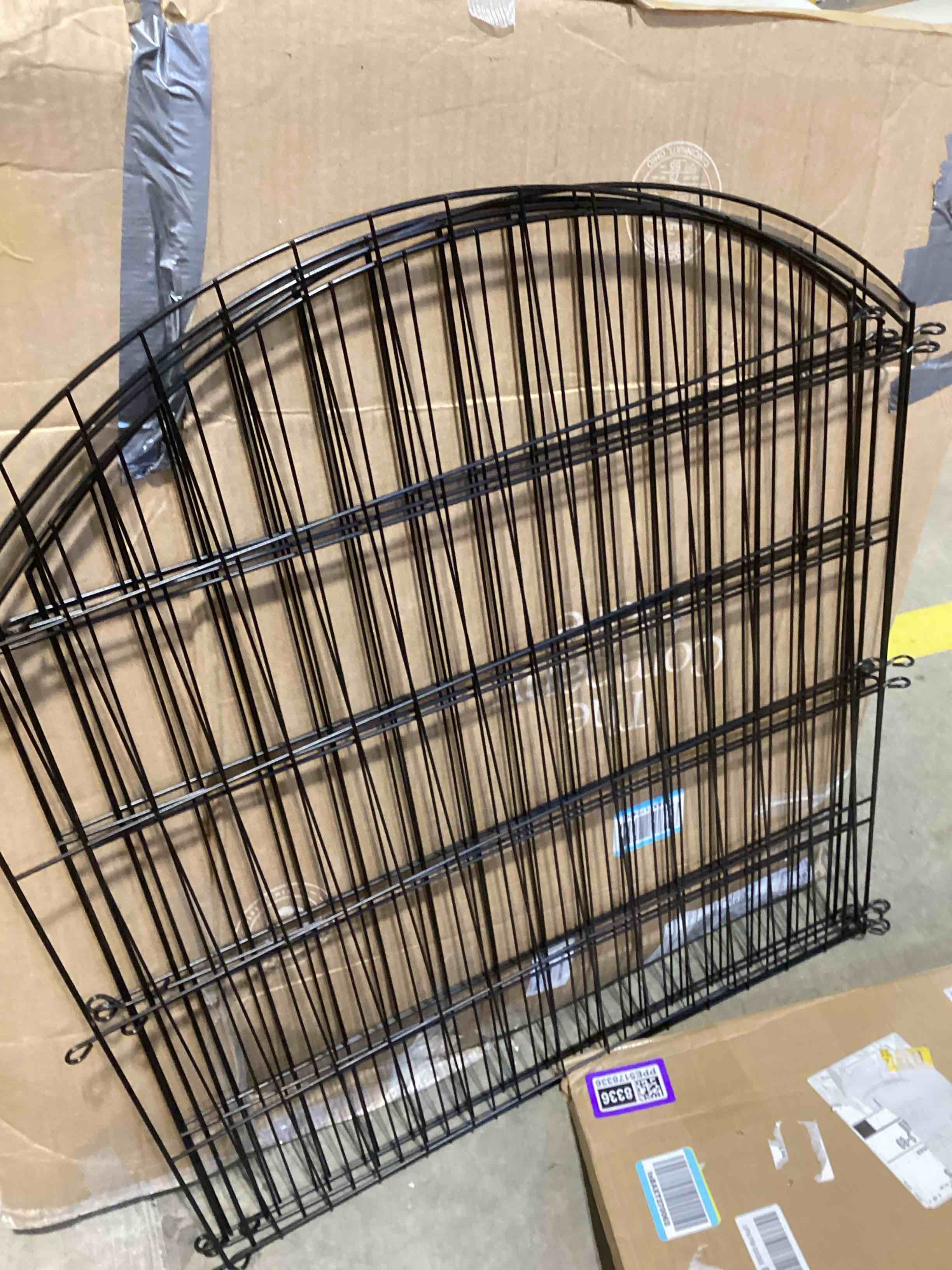 Condition photo showing As Is for incomplete missing panels adavin garden fence animal barrier with gate 32 in(h)×17.5 ft(l) 8 panels,rustproof metal wire tall fencing border for dogs rabbits,outdoor no dig pet fences,black flower edging for yard,arched