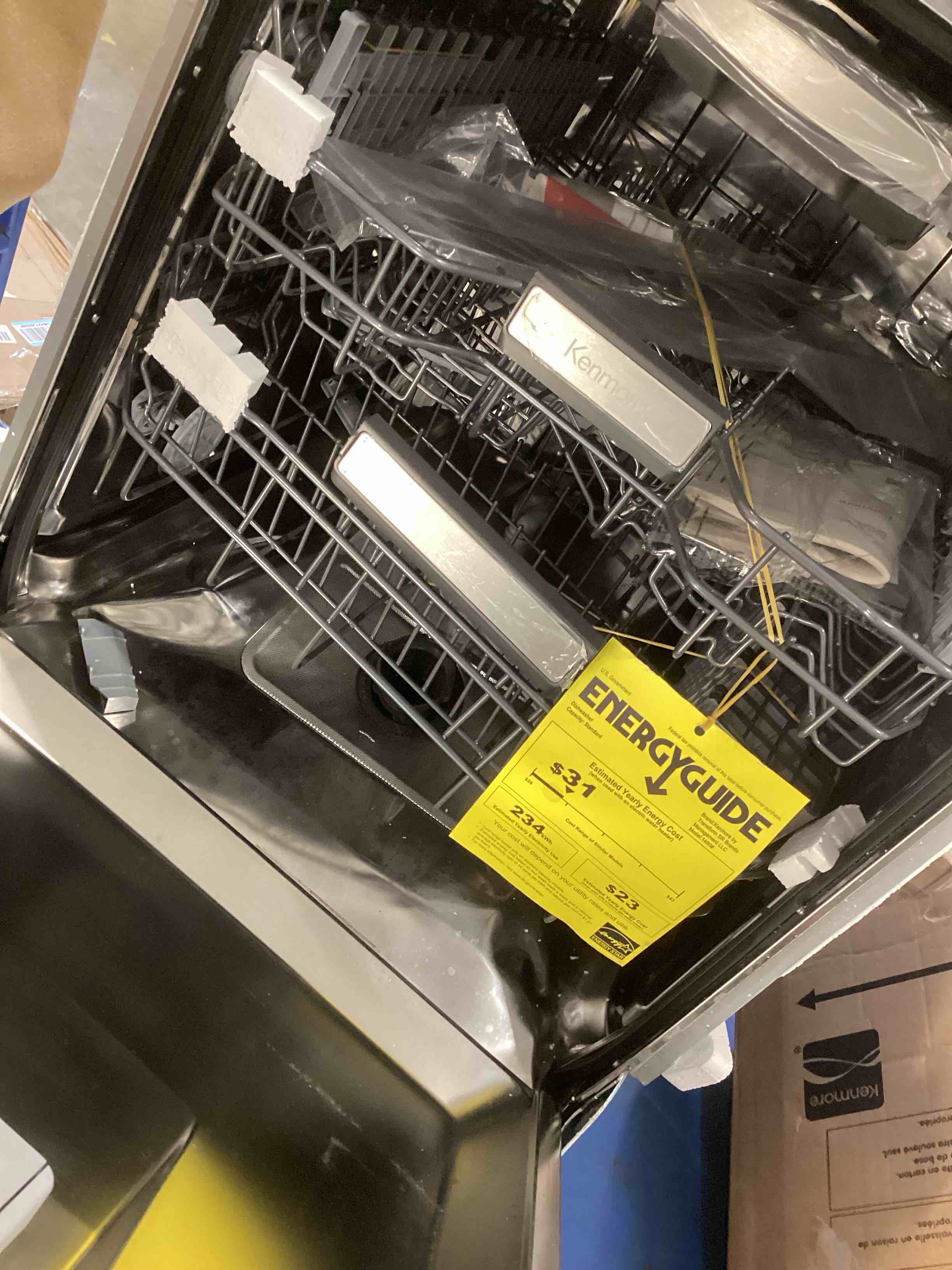 Condition photo showing As Is for damaged for parts only kenmore 22-14605 24" built-in dishwasher - ultrawash plus, turbodry, smartwash & easyflex third rack - 15 place settings - 45 dba - energy star certified - 24" - fingerprint resistant stainless steel