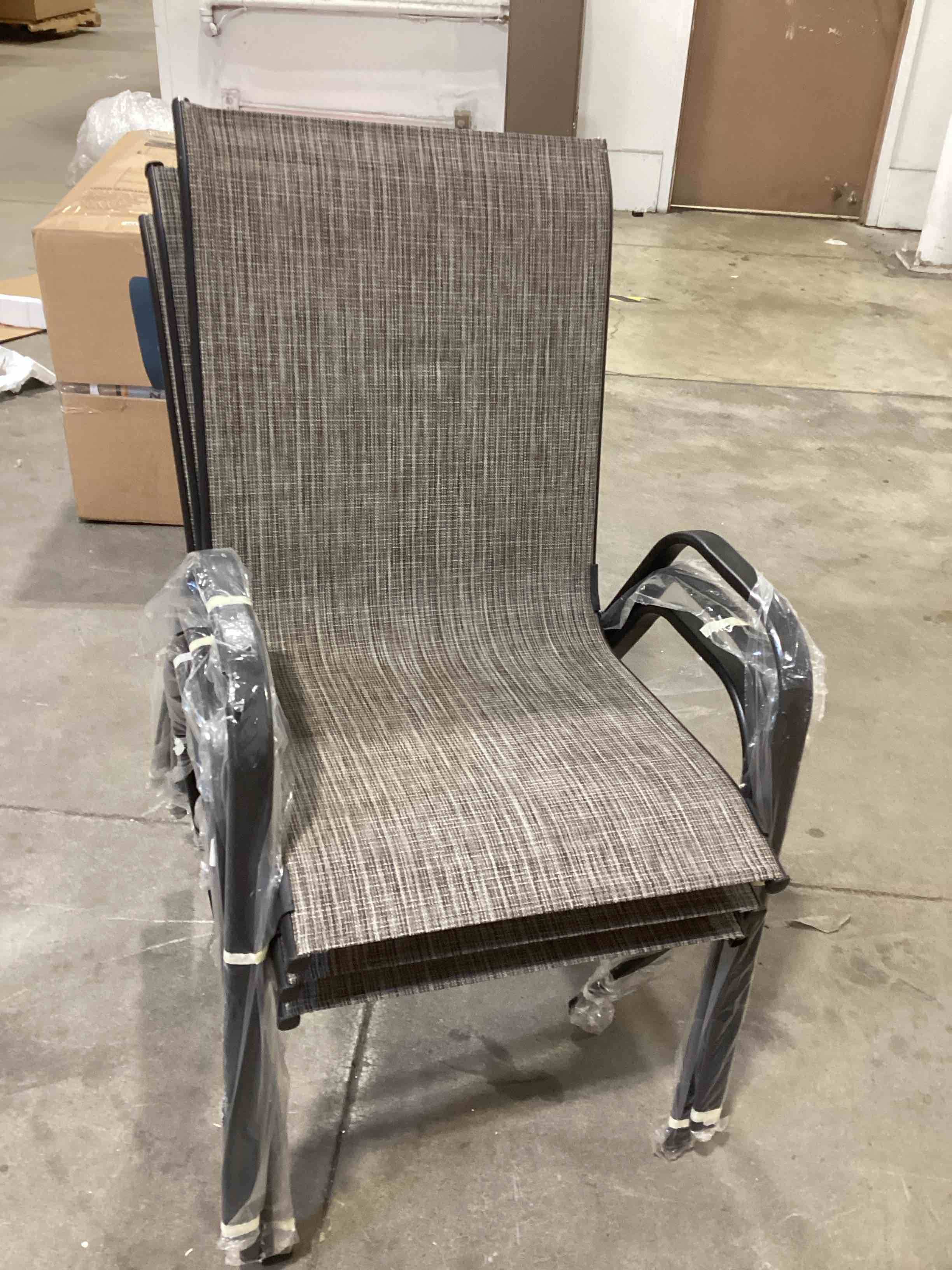 Condition photo showing As Is for style selections pelham bay stackable black metal frame stationary dining chair 3pack