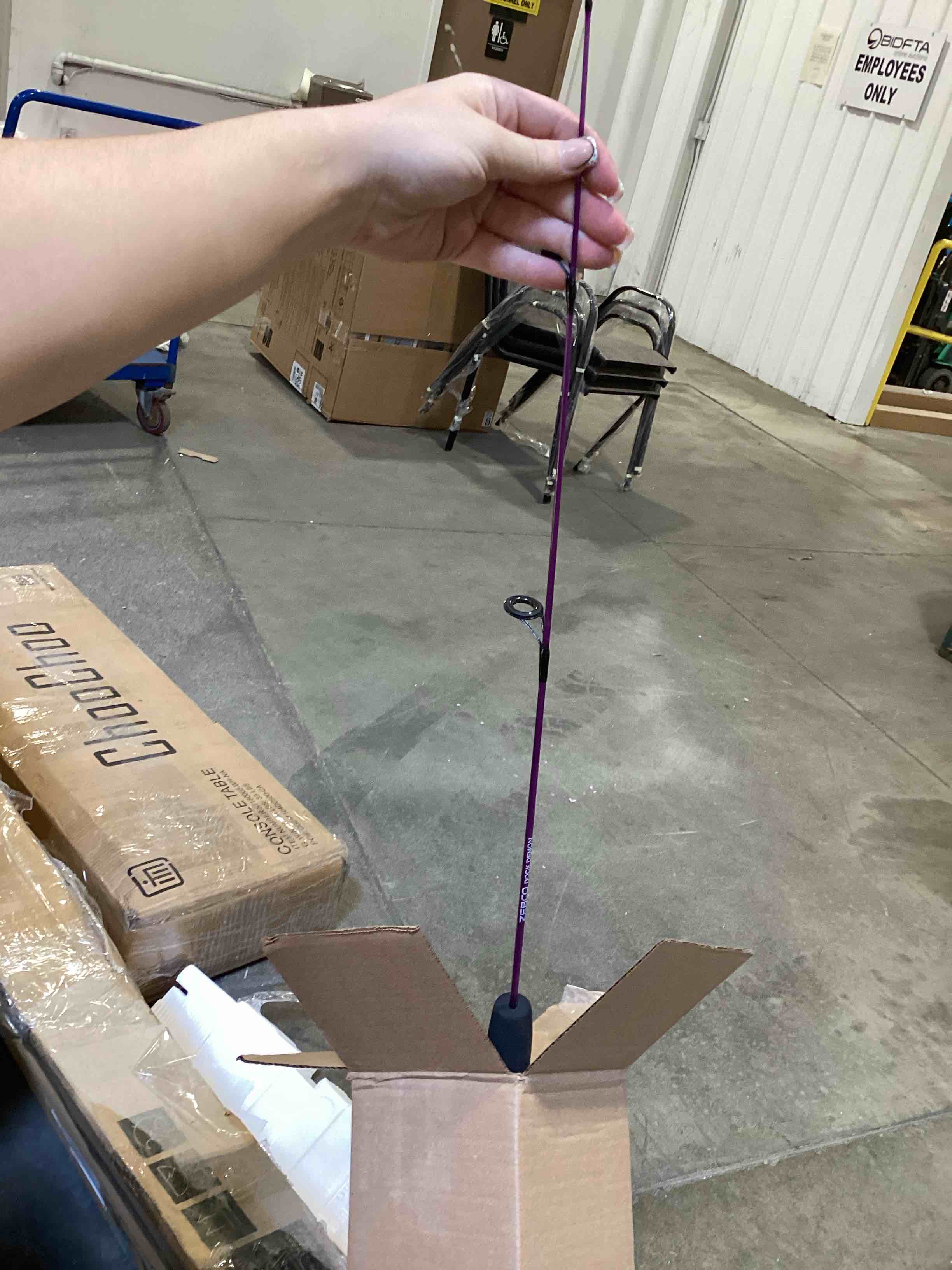 Condition photo showing As Is for zebco dock demon spinning reel or spincast reel and fishing rod combo, 30-inch durable fiberglass rod, quickset anti-reverse fishing reel combo spinning reel - purple