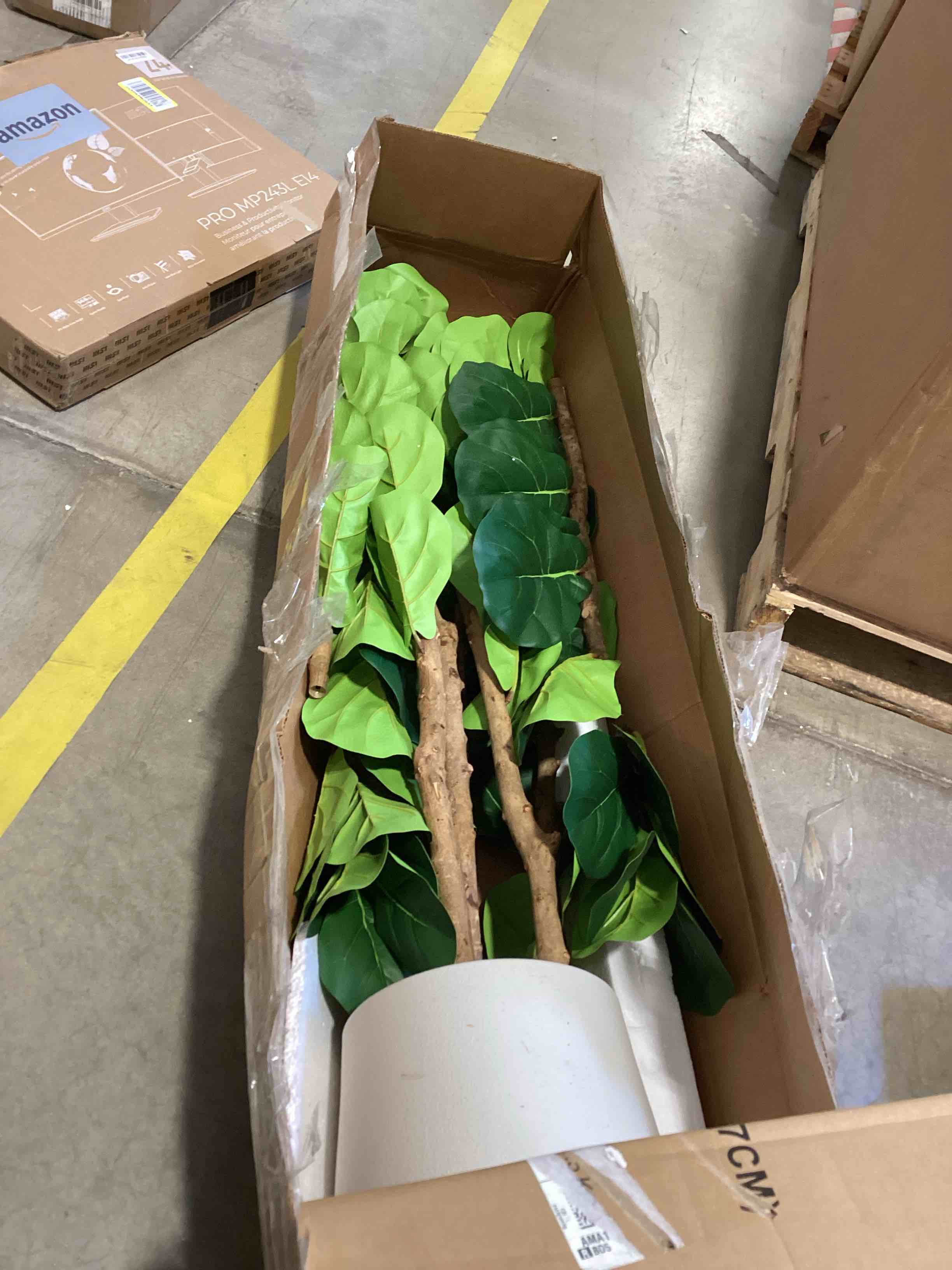 Condition photo showing As Is for artificial fiddle leaf fig tree with white planter, 5ft tall faux ficus tree artificial plants indoor with lifelike green leaves for home office decor