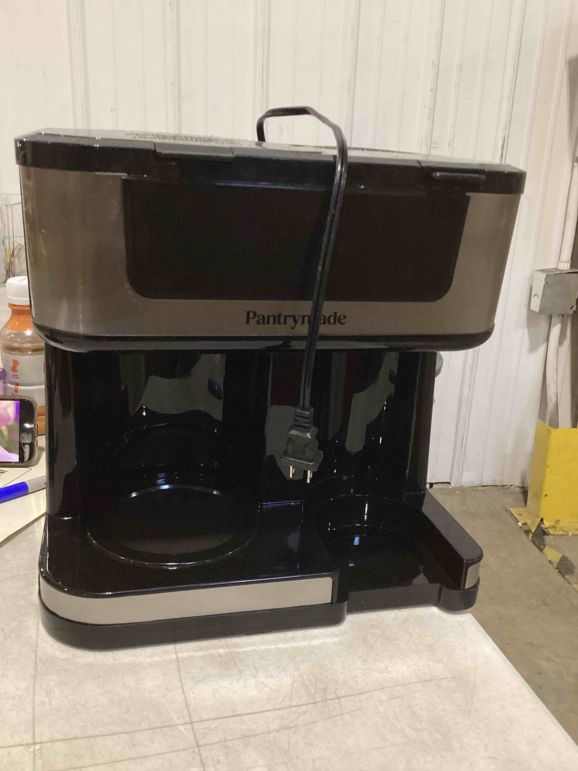 Condition photo showing As Is for incomplete similar product airmsen 12-cup programmable dual coffee maker – single serve machine for k-cup pods & ground, 1000w fast brew, delay start, 2h keep warm, touchscreen, 60oz tank, glass carafe – home & office