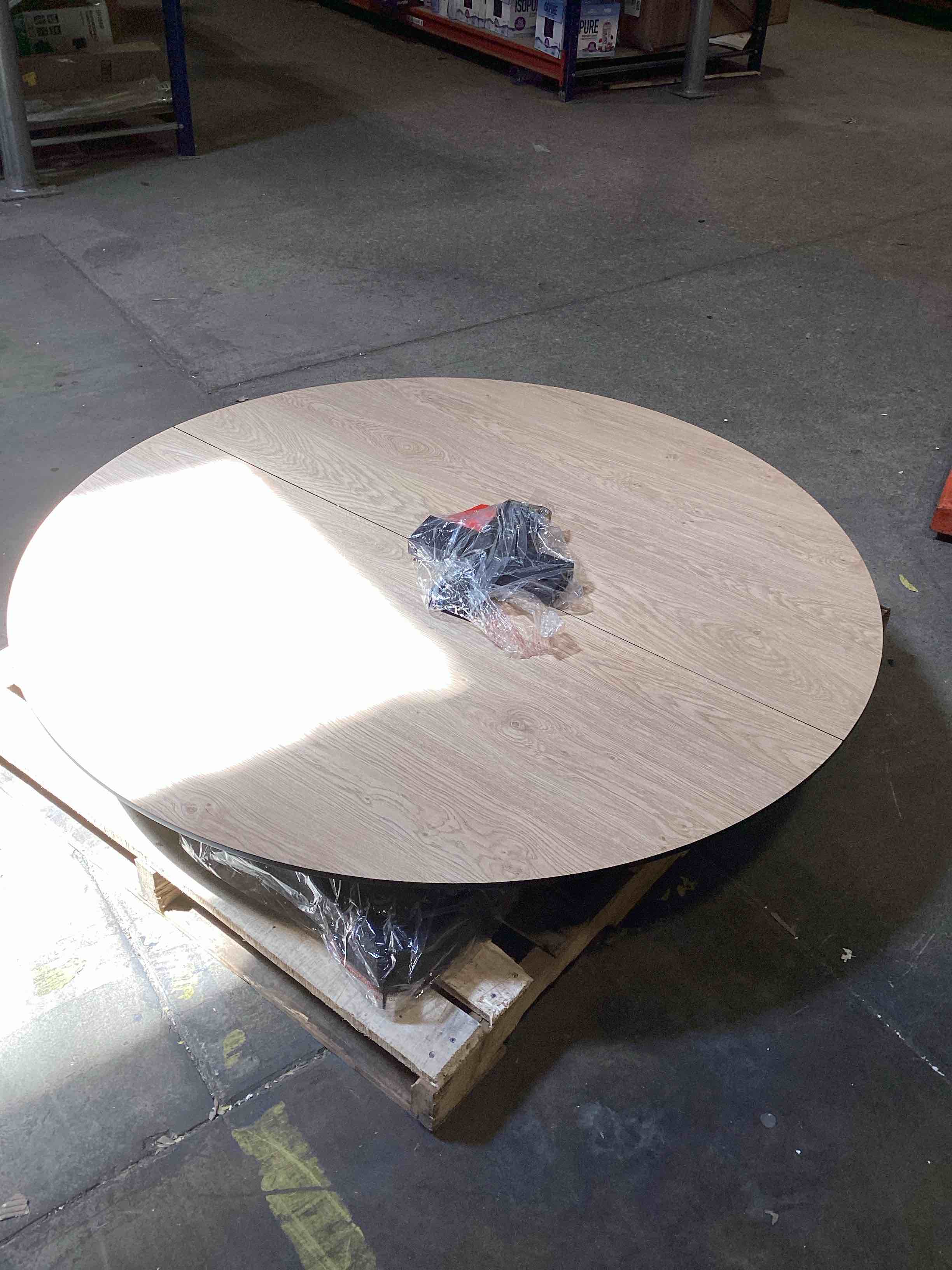 Condition photo showing Good Condition for similar product 42"-58" extendable round dining table for 4-6, kitchen oval table with built-in flip leaf & storage shelf, space saving modern design with sturdy metal legs for kitchen, living room & small apartments