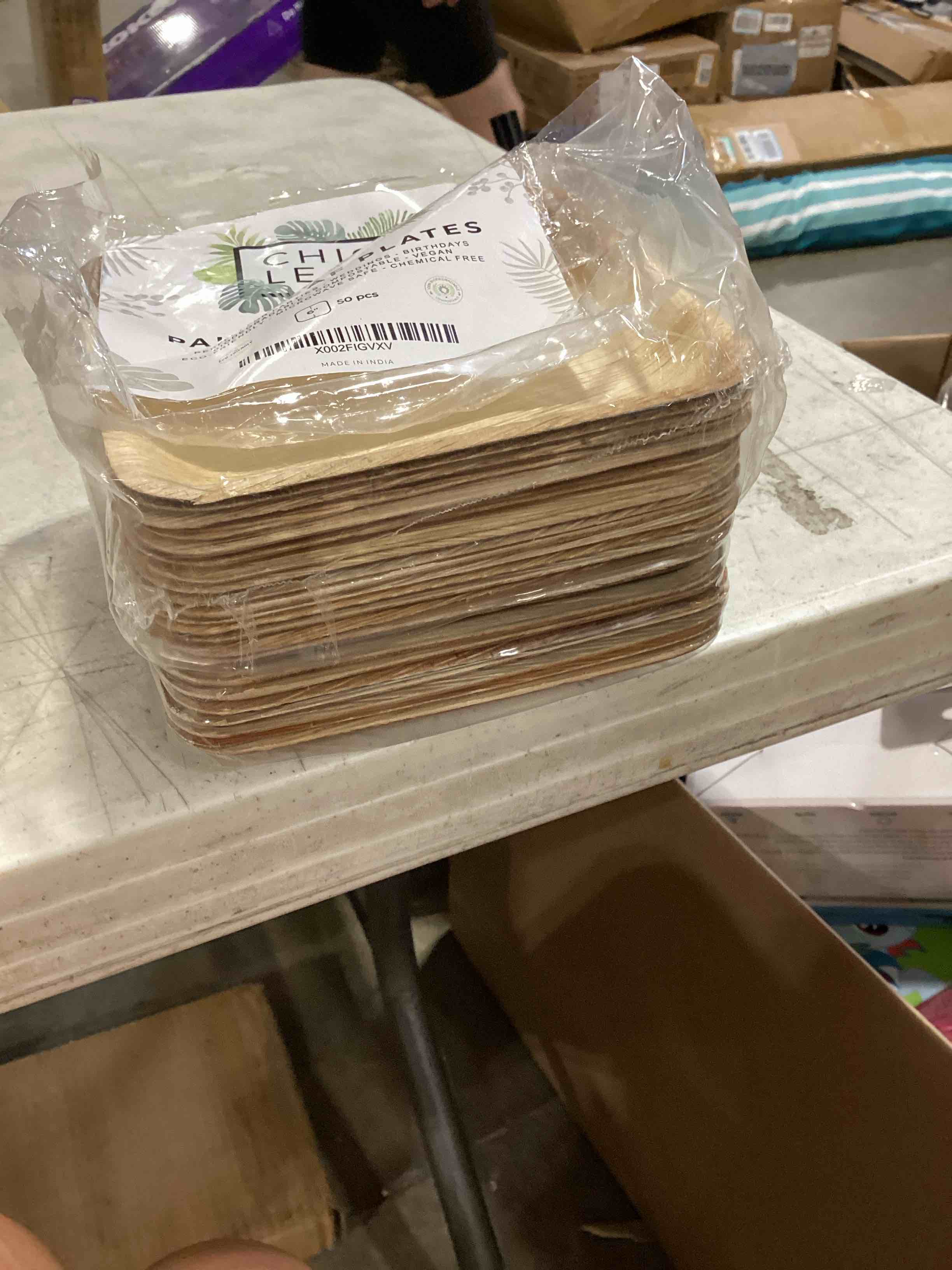 Condition photo showing As Is for incomplete chic leaf palm leaf square plates (50 pc) - 6 inch, compostable and biodegradable eco friendly plates 6" square plates - 50pcs