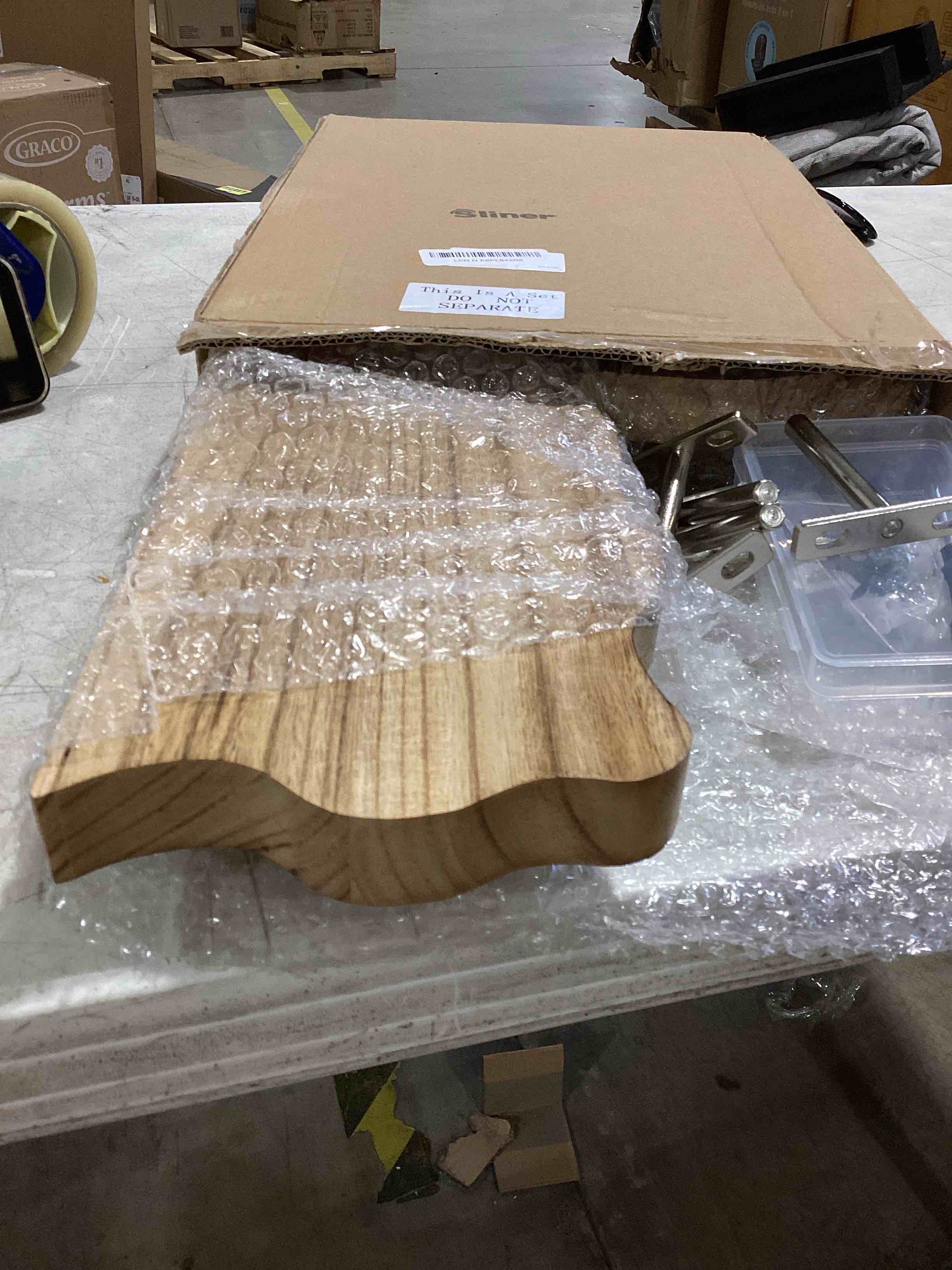 Condition photo showing Good Condition for similar product floating corner shelves set of 2 solid wood picture wall shelf, floating shelves for storage for bedroom kitchen bathroom living room (light burnt)