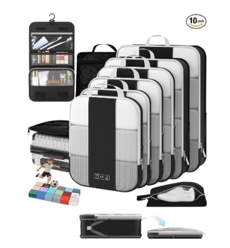 10 set compression packing cubes for travel essentials,compressible expandable packing cubes for suitcase,olarhike luggage organizer bags for travel,handy helper for organizing clothes(black)