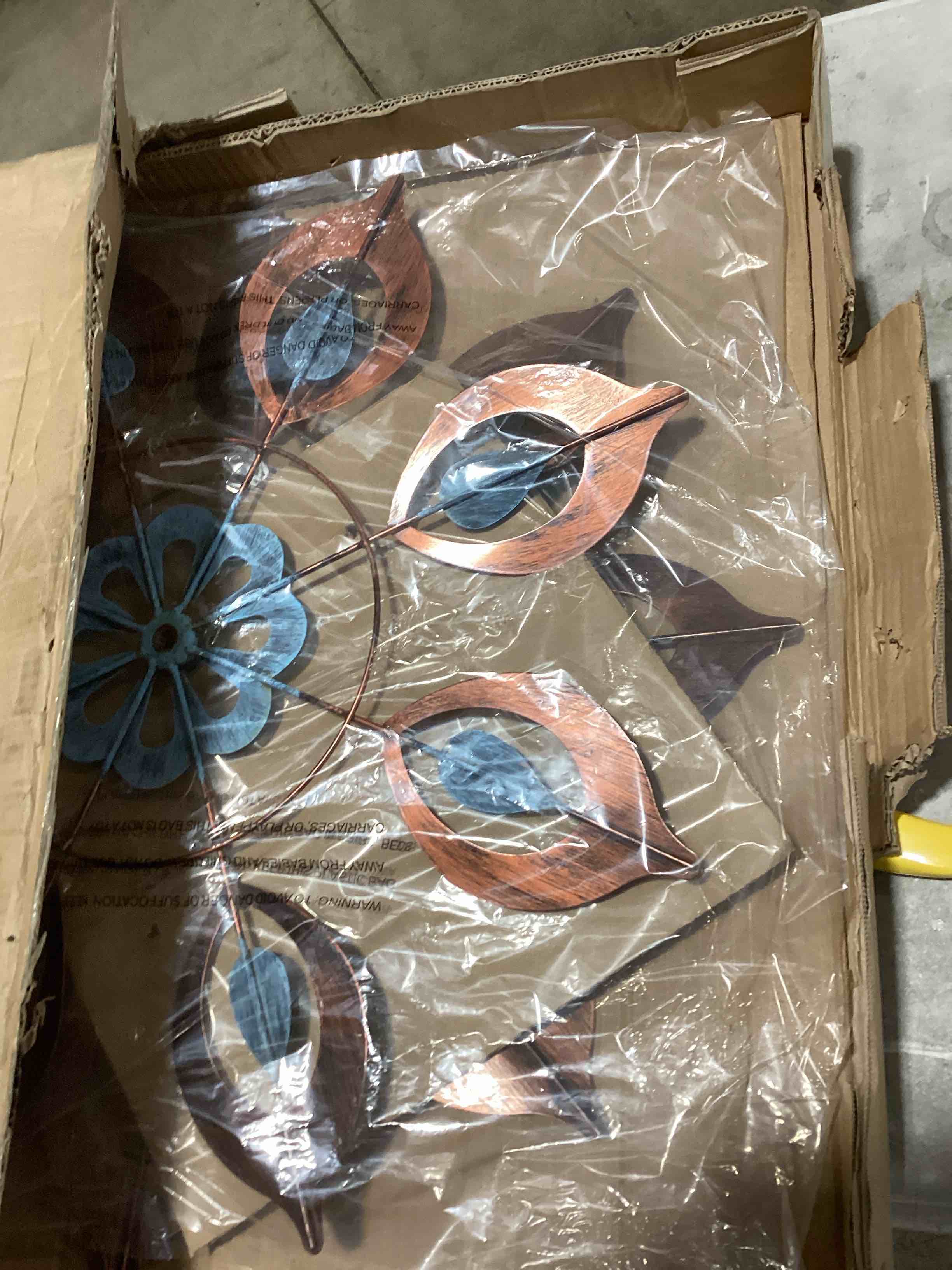 Condition photo showing As Is for mesmerizing copper lily wind spinner dual-tone | petal-in-petal design | independent rotors | brushed copper & antique blue |all seasons | 24" wx75 h