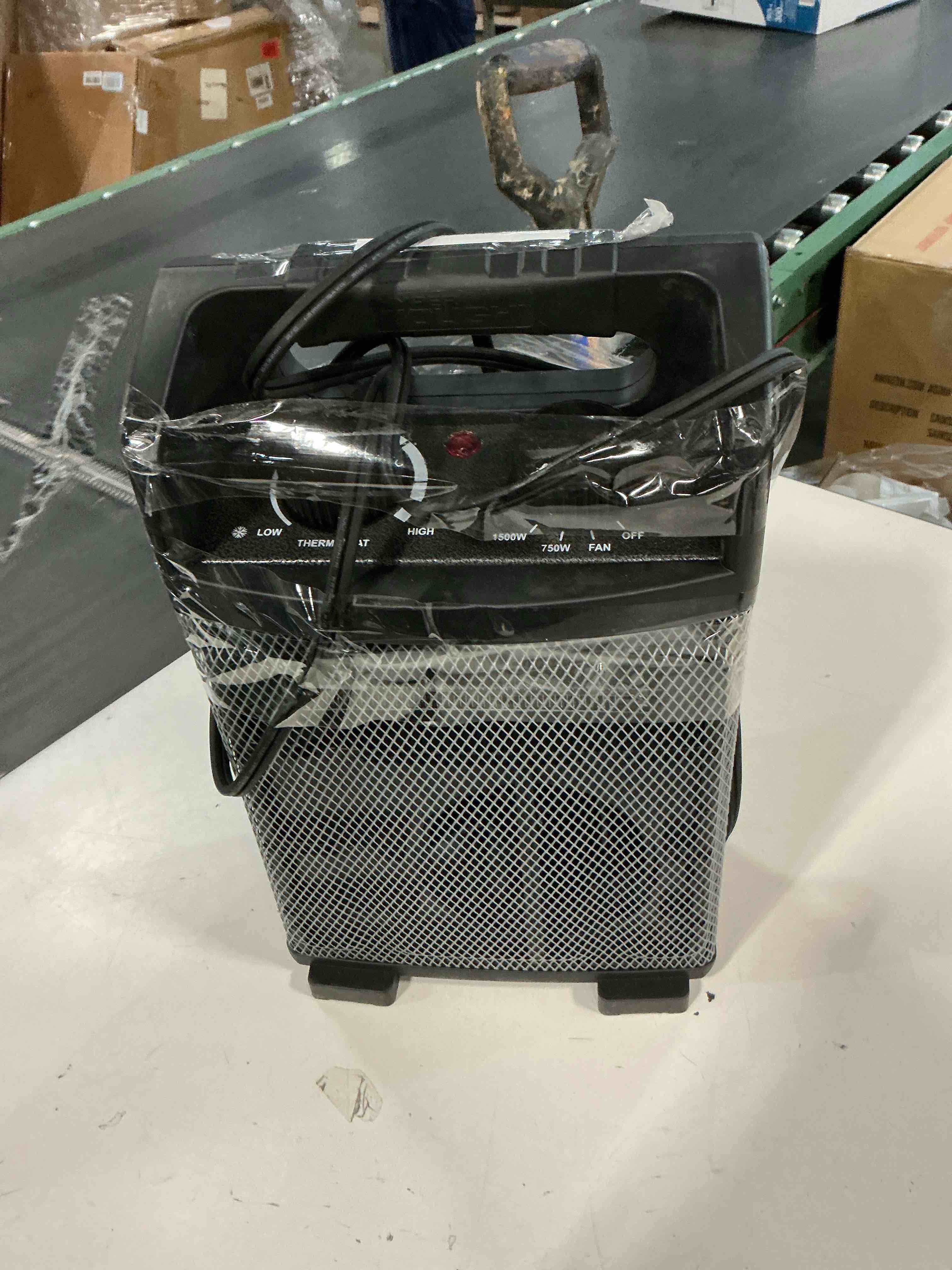 Condition photo showing As Is for HICFM 1500W Electric Utility Space Heater BTU 5120 with Thermostat Control, Two Power Setting, Fan Only Option, Built-in Carrying Handle, Tip-Over Switch, Cool Touch, UL Safety (kilowatts, 1.5)