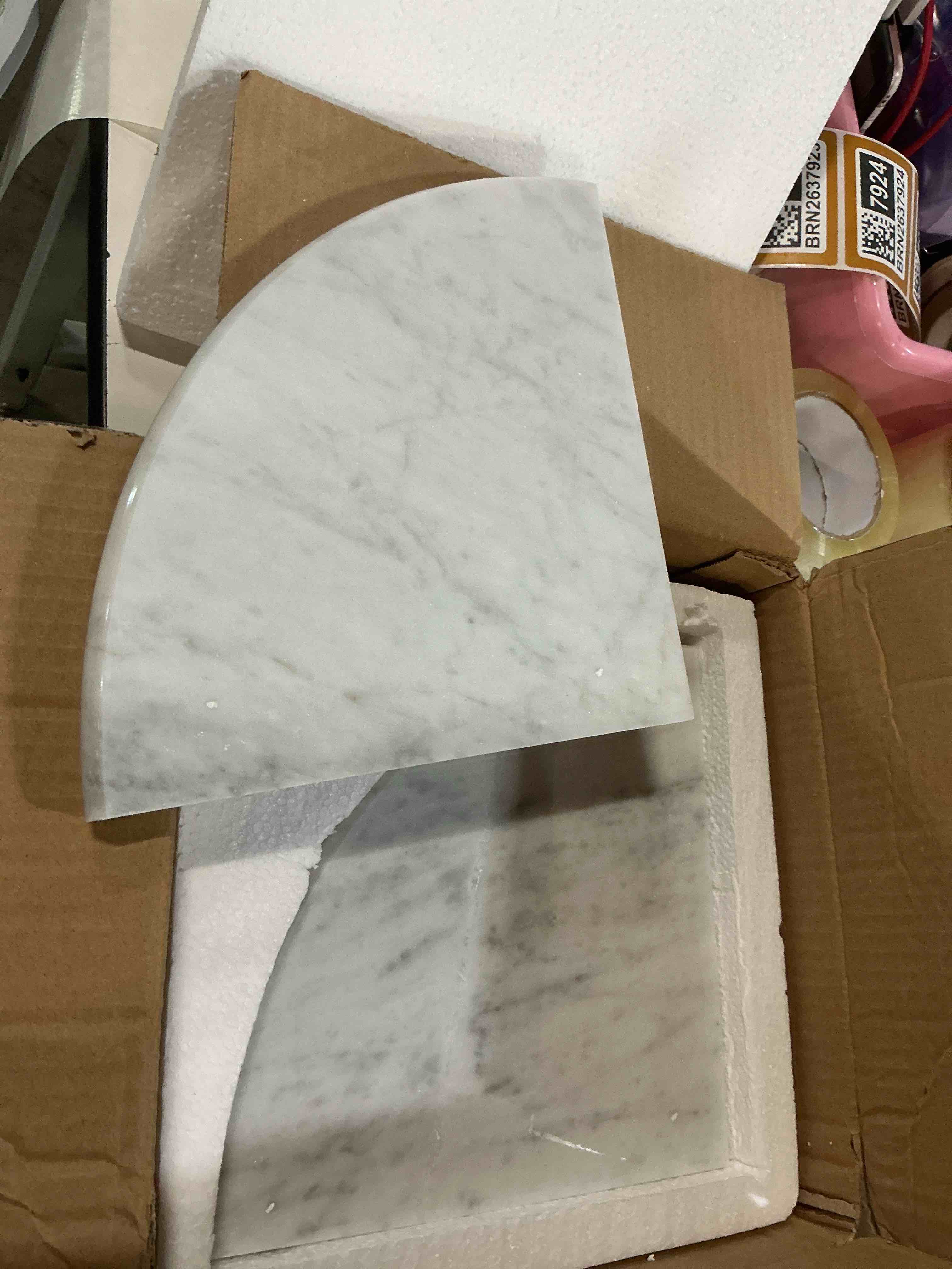 Condition photo showing New/Like New for marble corner shower shelf, 9 inch carrara white marble corner shelf for bathroom shower decor, wall mounted, polished, 2 pcs