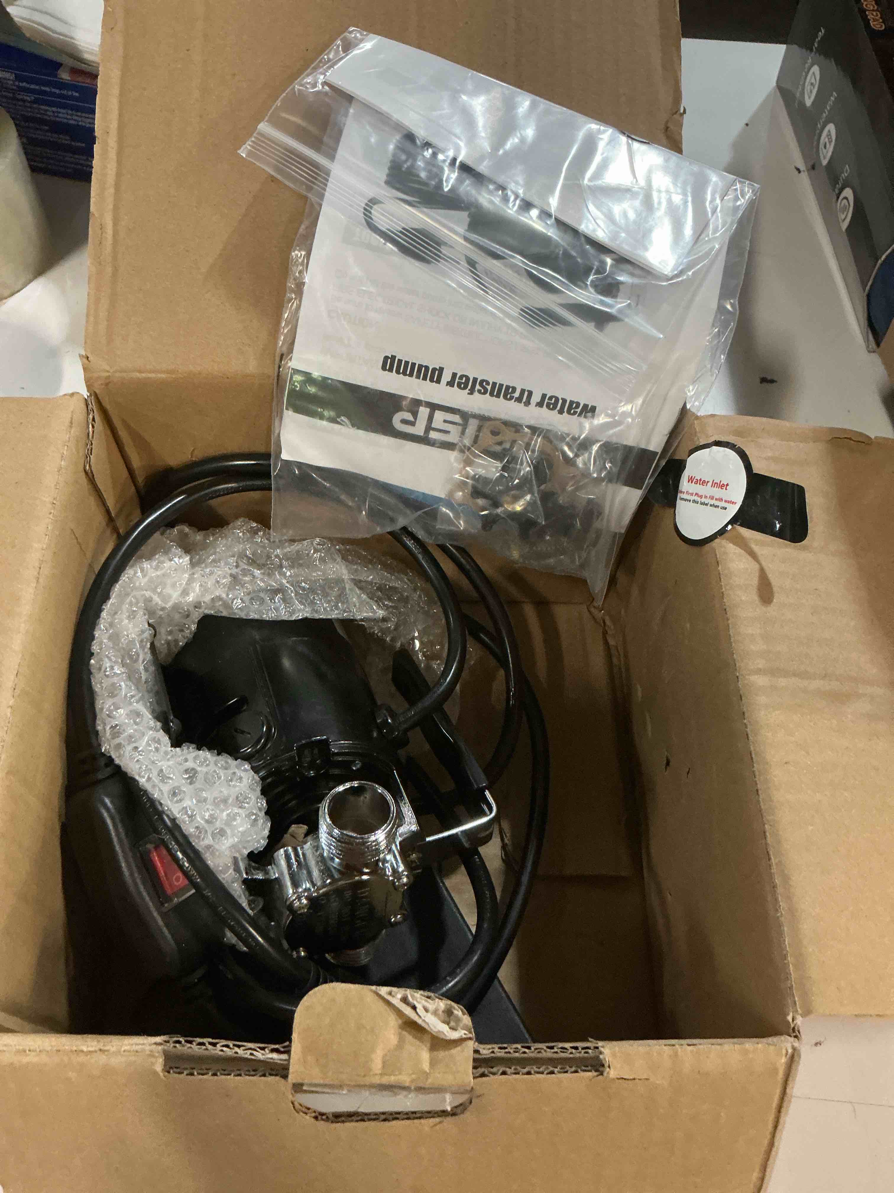 Condition photo showing As Is for water transfer pump, 115v 1/10hp electric utility pump with on/off switch 2 * 6 ft water hoses kit for removing water from garden pools aquariums hot tub draining 1/8’’ low suction for rain barrel 115v ac