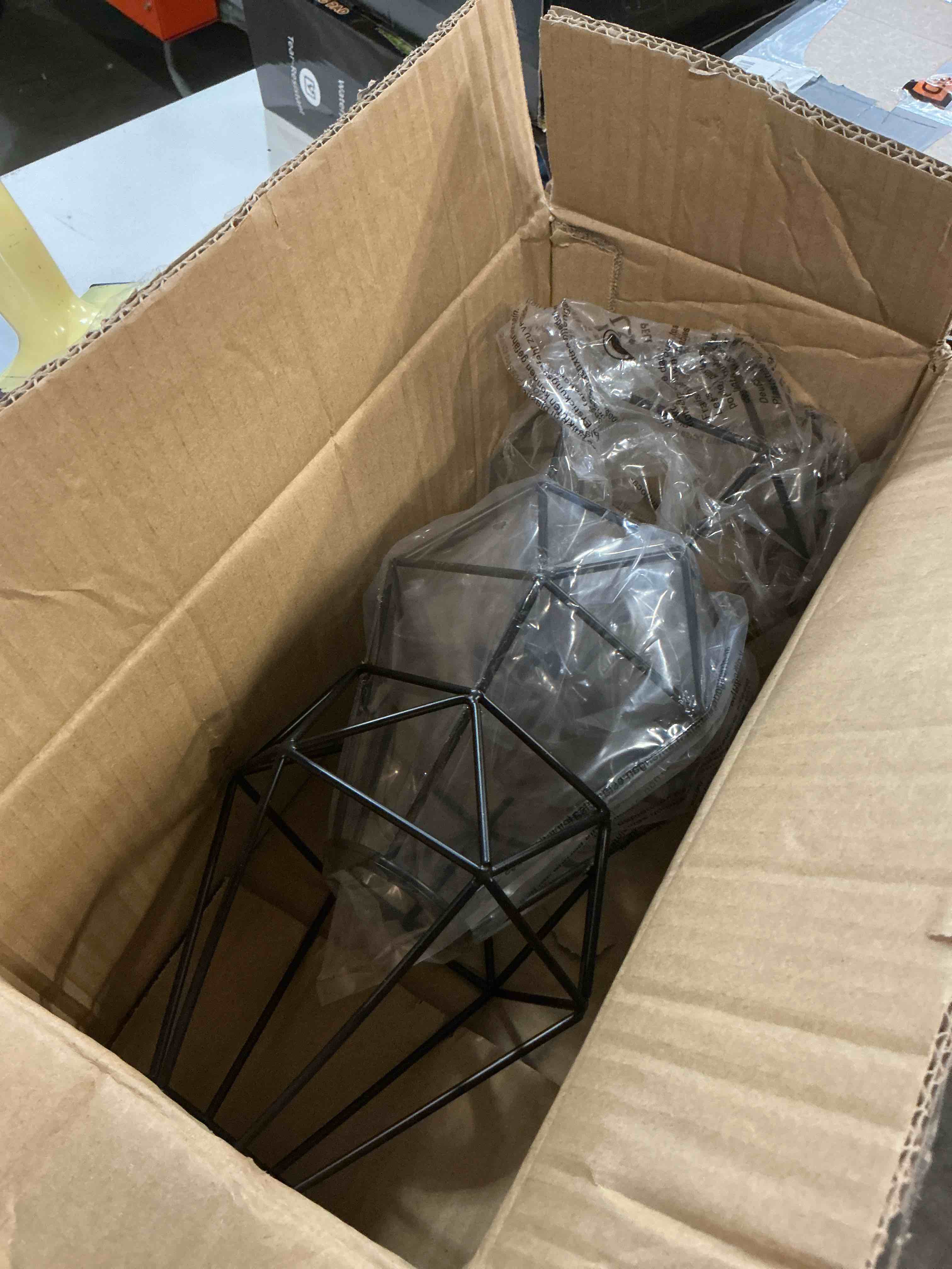 Condition photo showing Good Condition for pendant light shade cage – 3 pack black metal lamp shades, wire geometric vintage edison hanging bulb guard for industrial farmhouse bedroom, dining room, diy lampshade