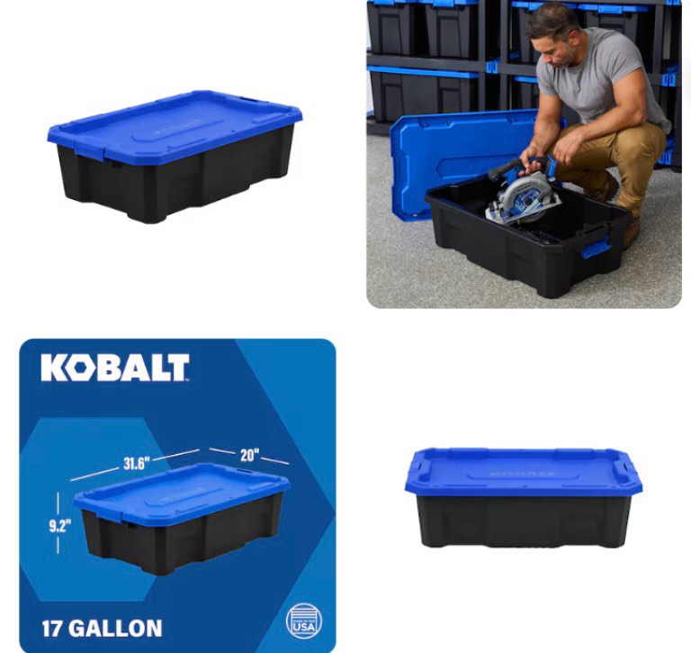 Kobalt Medium 17 -Gallons ( 68 -Quarts ) Black Heavy Duty Stackable Tote with Latching Lid