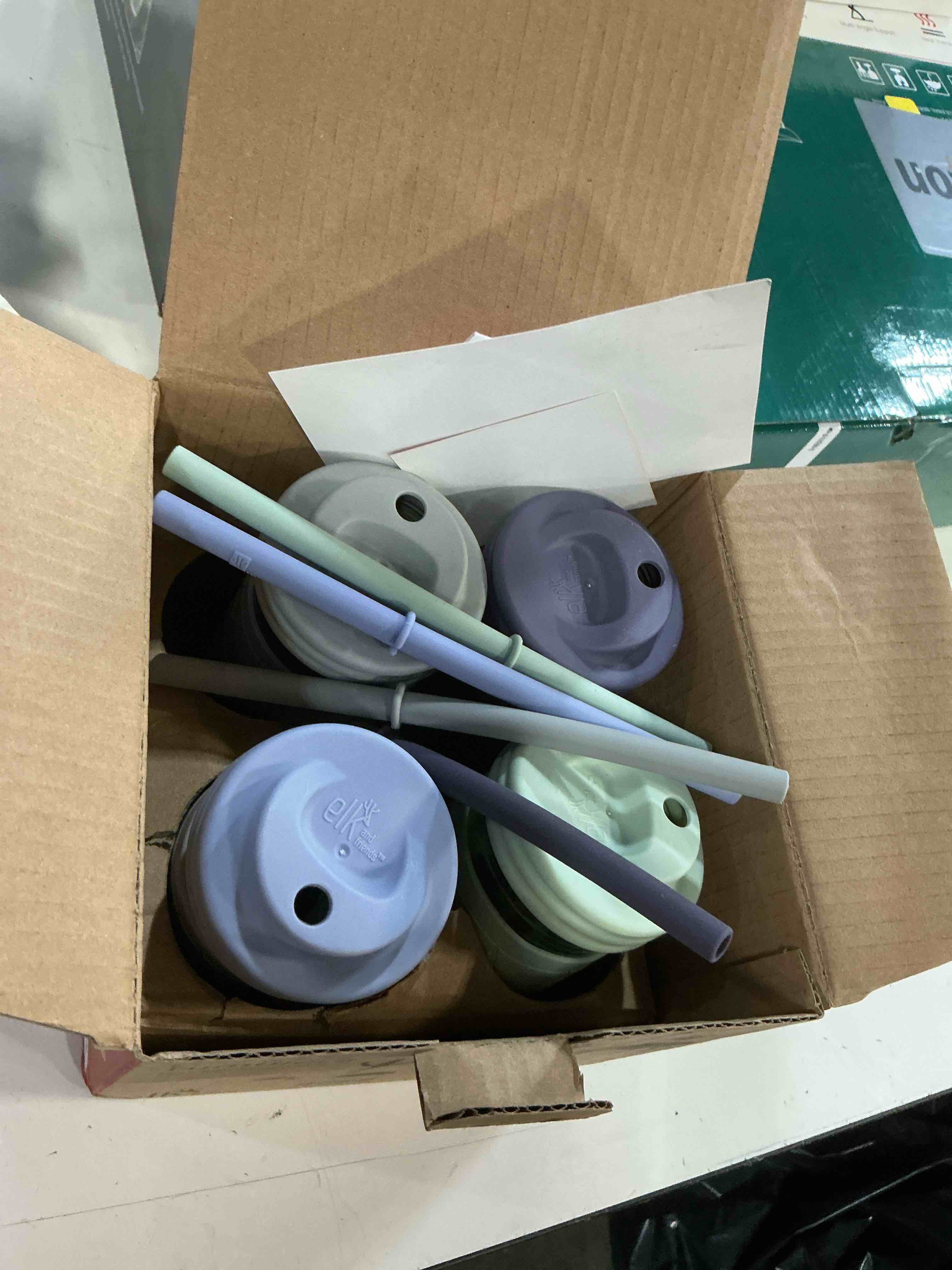 Condition photo showing New/Like New for elk and friends kids + toddler glass cups | the original 12oz glass mason jar with sleeves + lids | silicone straws + stopper | smoothie cup | food storage | spill resistant | dishwasher safe | 4 pack sage/navy/mistyblue/gray