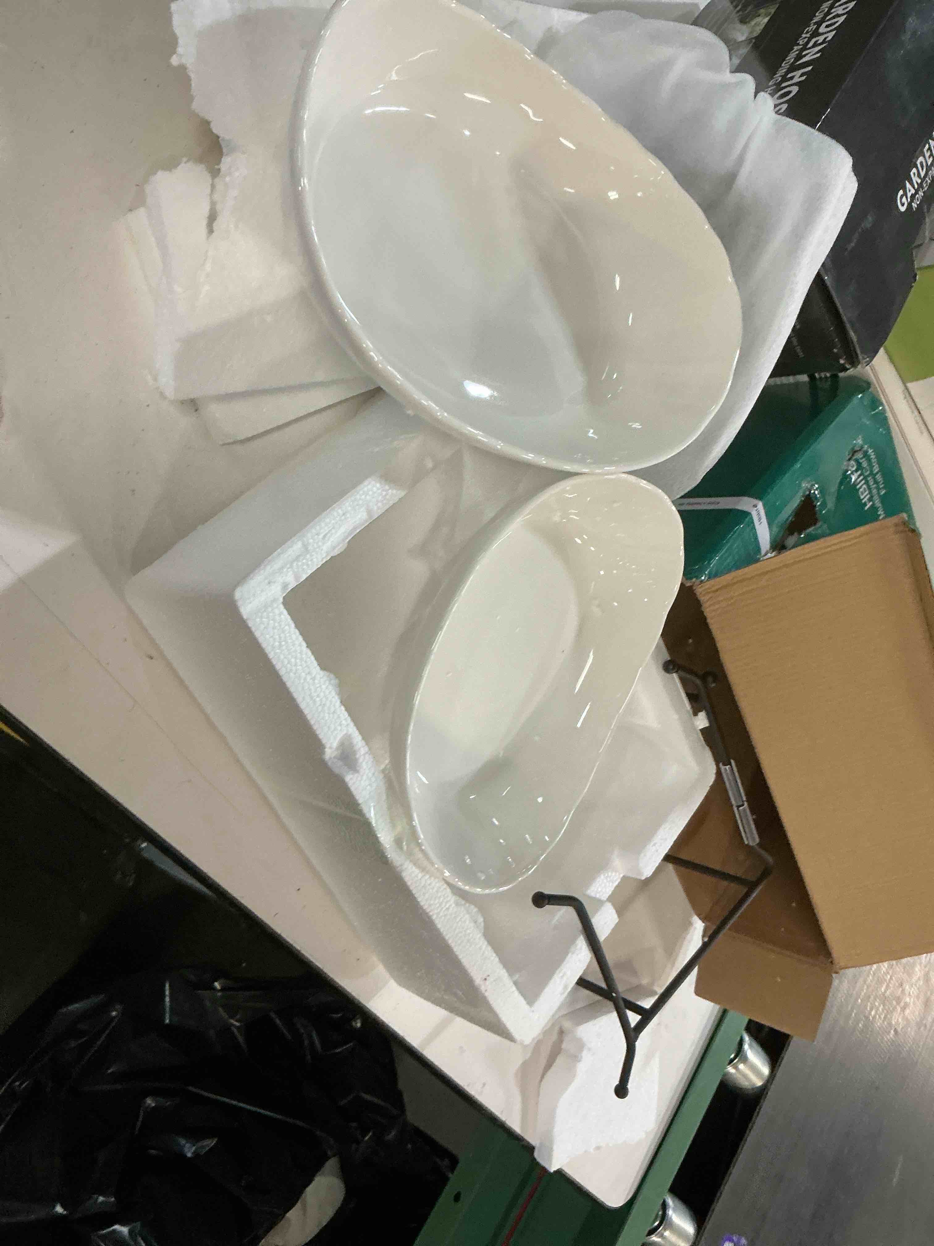 Condition photo showing New/Like New for hblife fruit bowl for kitchen counter - 2 tier ceramic fruit rack, fruit basket for fresh fruit&veggies, tiered fruit platter serving trays for party standard white bowl black rack
