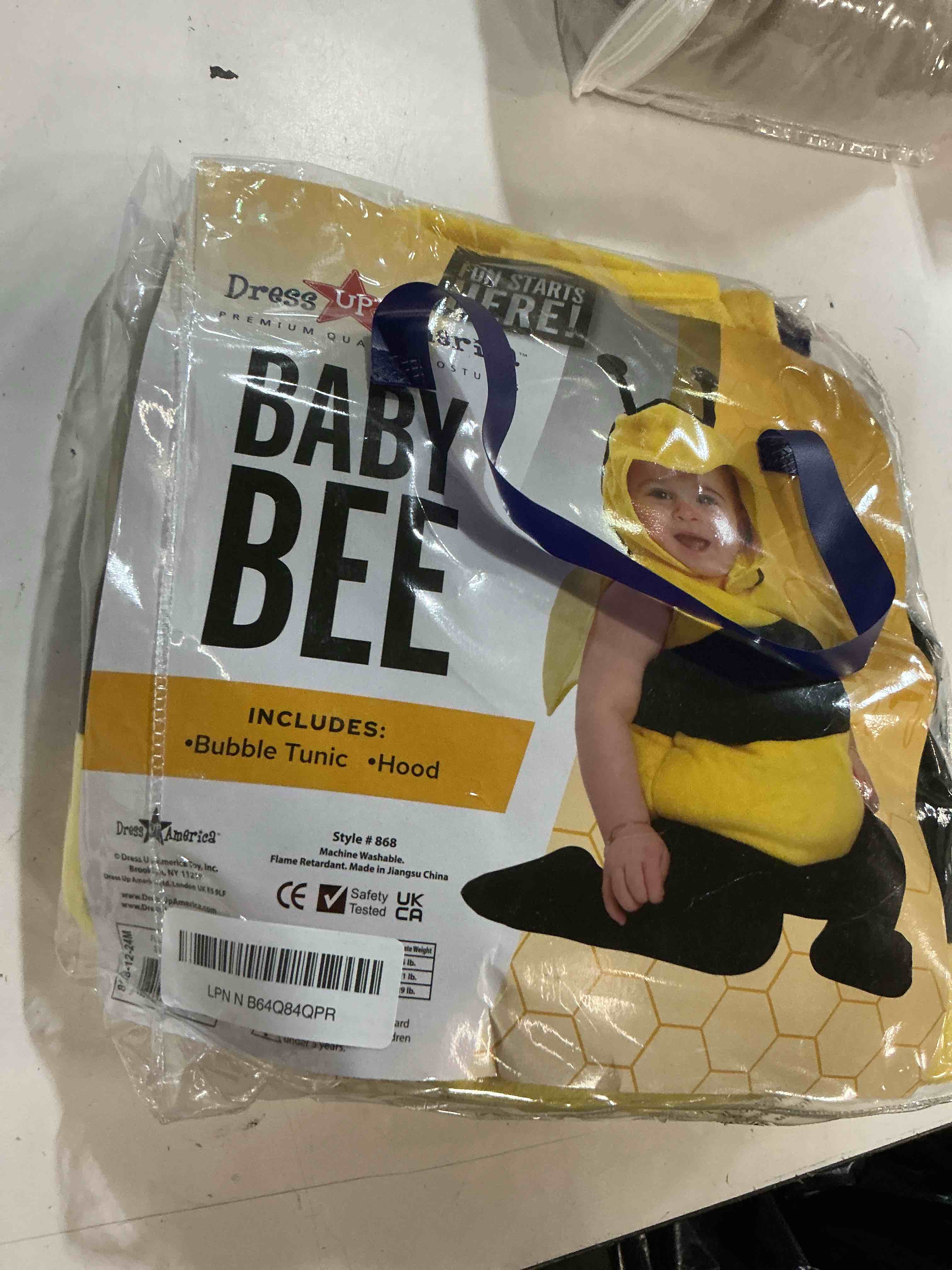 Condition photo showing As Is for dress up america bee costume - baby fuzzy bumblebee costume - halloween outfit for toddlers 12-24 mo