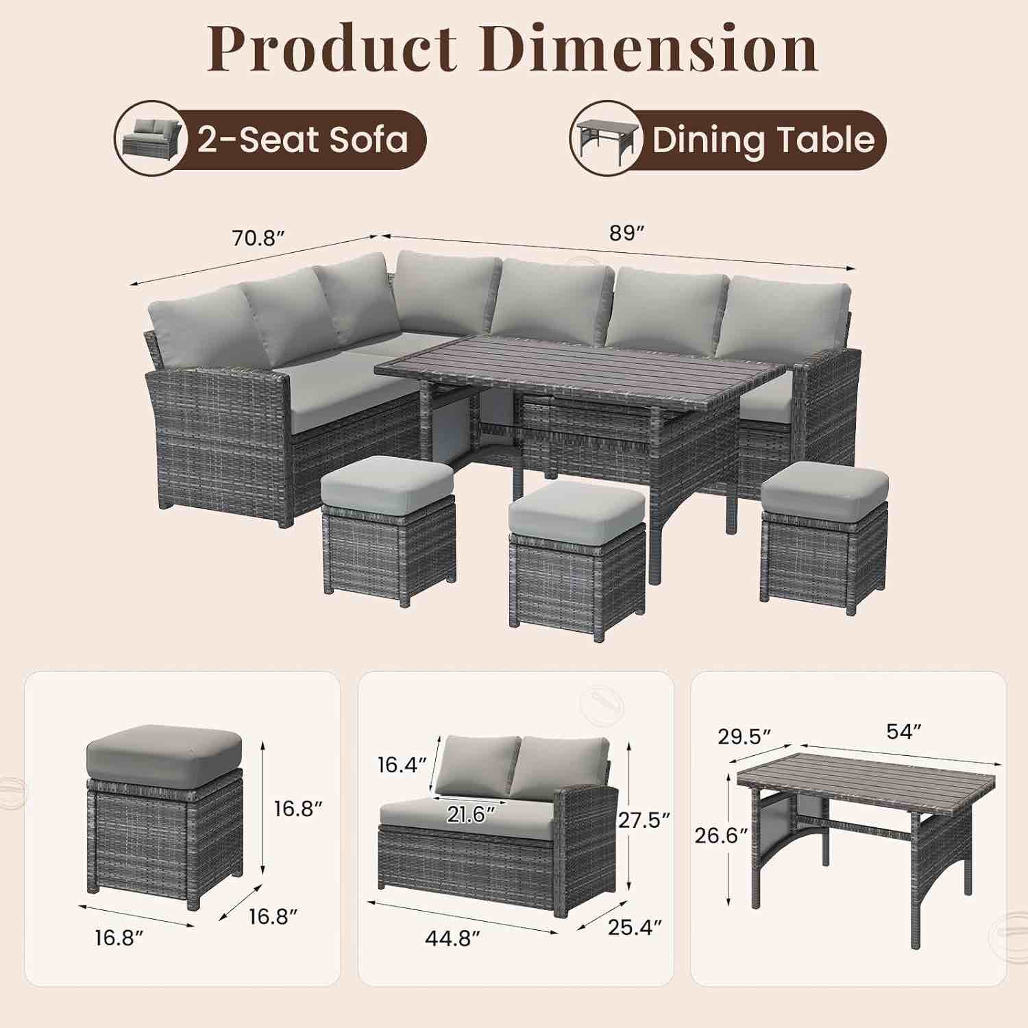 Condition photo showing Good Condition for ( box A incomplete) Patio Dining Furniture Sets sectional sofa 40D6217GR 7 PCS Outdoor Sectional Conversation Set, All Weather Wicker Rattan Sofa Couch with High Dining Table & Ottoman, Grey