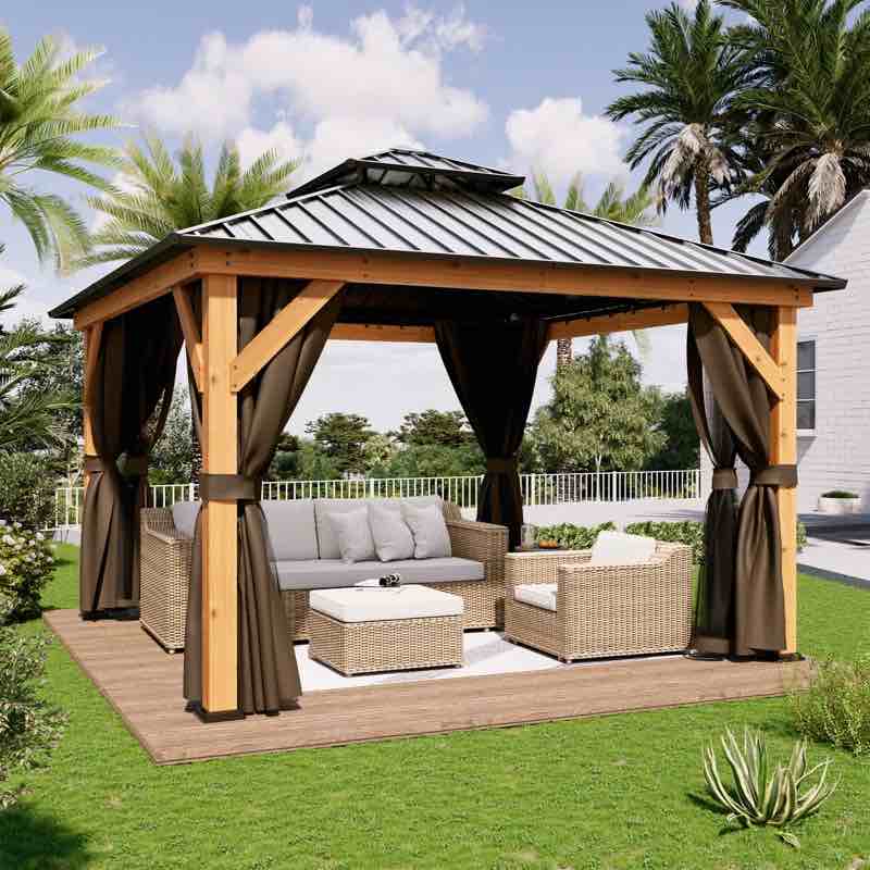 ( incomplete box 1 of 4 ) Solid Wooden Patio Gazebo with Double Roof, Netting and Curtains