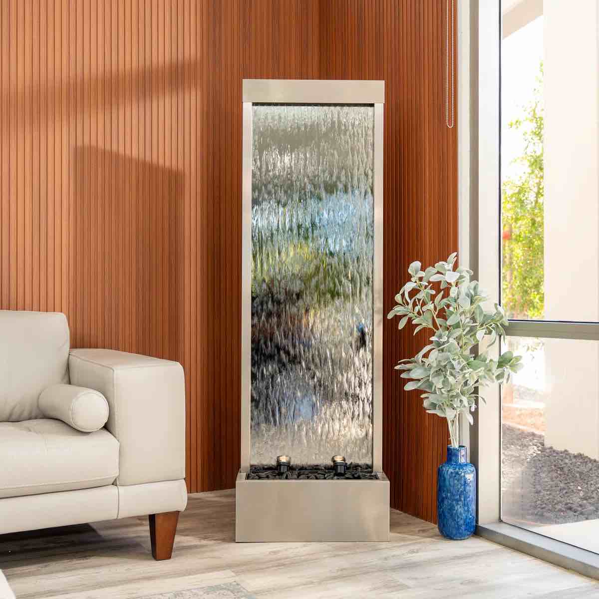 68 in H Freestanding Modern Indoor/Outdoor Waterfall Fountain w/ Decorative Rocks, LED Lights & Auto-Shut Off Pump, Aluminum/Clear Glass