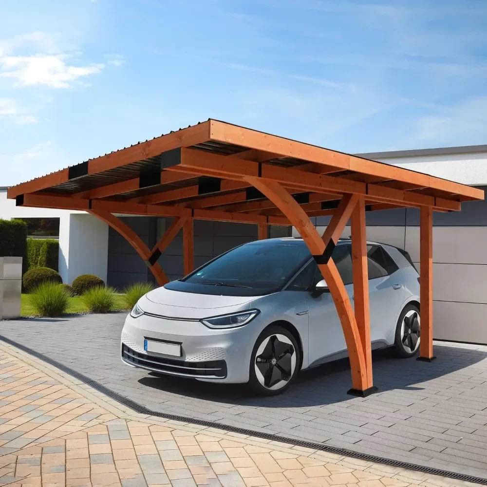 ( incomplete) 18.3x12.6ft Wooden Pergola Carport Garage, Heavy Duty Gazebo Car Shelte With Metal Roof, Curved Wood Car Port