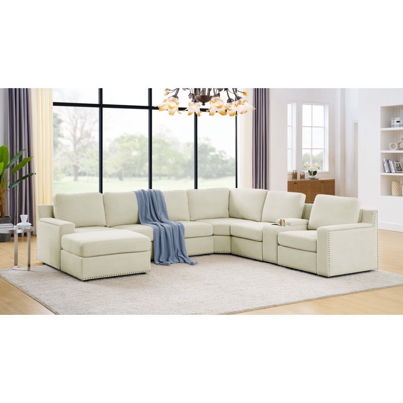 ( incomplete only arms) Akshada 128" Wide Reversible Modular Corner Sectional with Ottoman Body Fabric: Beige Polyester Blend