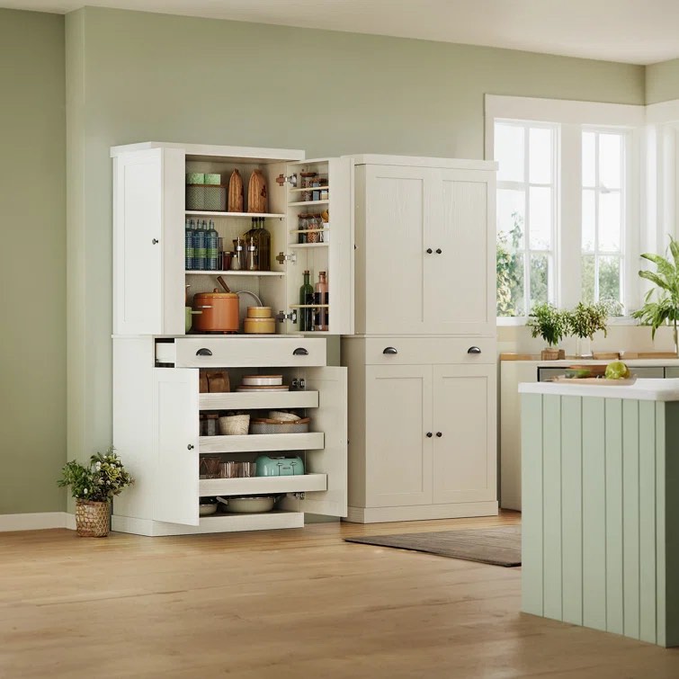 Kitchen Pantry Cabinet With Sliding Storage Rack And 6 Hanging Shelves