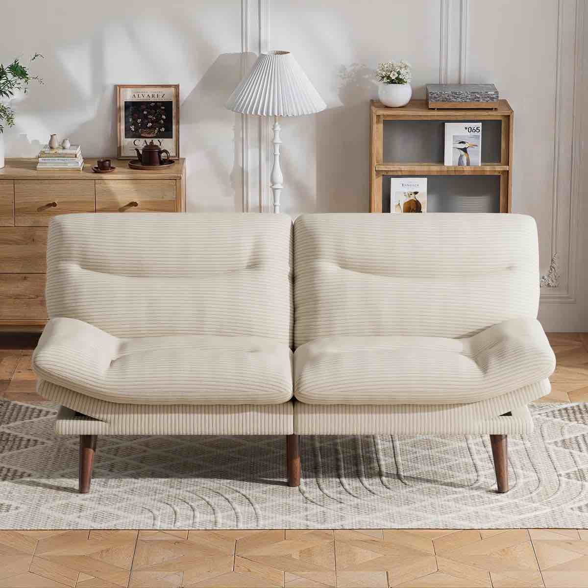 Futon Sofa Corduroy Loveseats Sofa Bed with Adjustable Armrest and Backrest