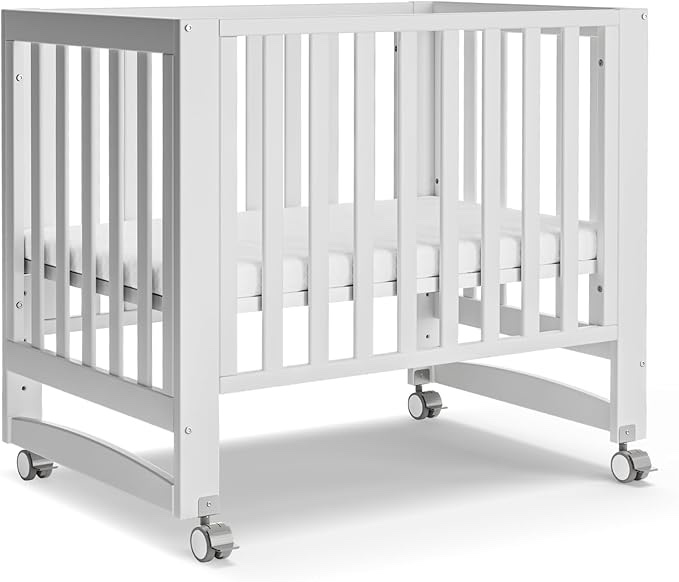 EvoNest Baby Crib, 6 in 1 Convertible Mini Crib with Wheels, 100% New Zealand Pinewood Growing Bed, 4 Adjustable Mattress Height (White, Mini)