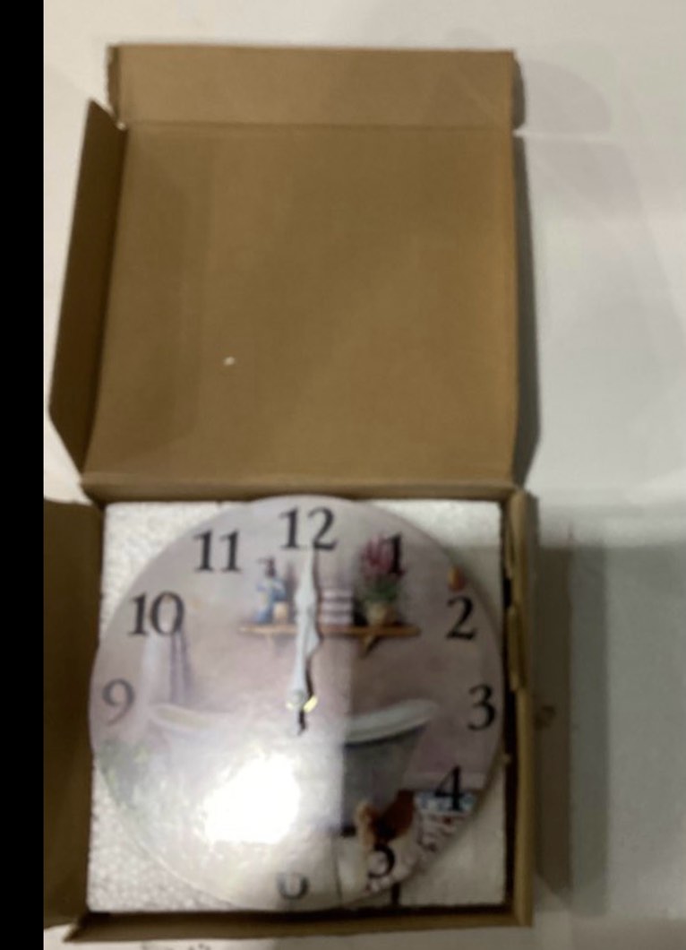 Condition photo showing New/Like New for vintage bathtub 8 inch small wooden wall clock - silent non-ticking battery operated decorative clock for kitchen, home, bedroom, and office