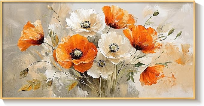 large floral wall art for living room, gold framed orange white flower canvas painting prints artwork, modern elegant country watercolor flowers picture for bedroom hallway office wall decor, 20x40 in