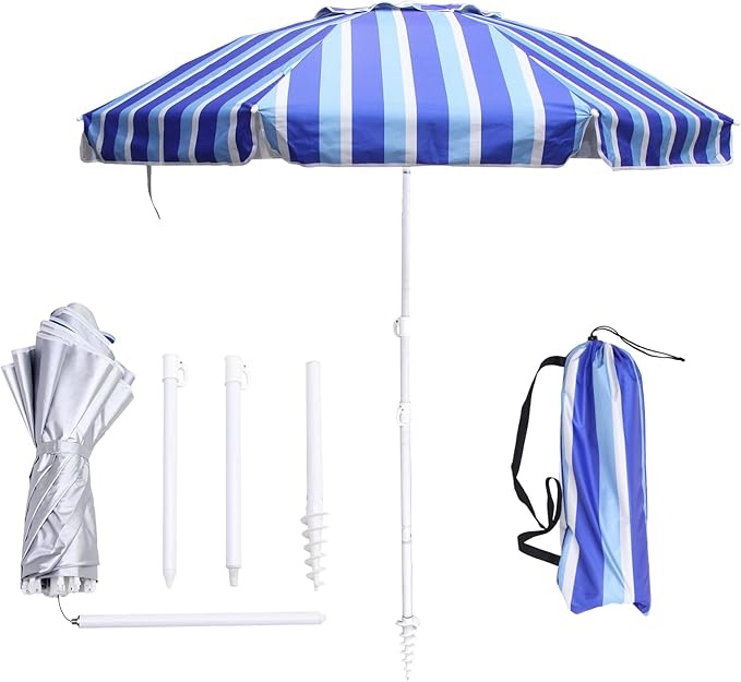 6.5ft beach umbrella - heavy duty wind resistant uv 50+ portable sun shade with sand anchor & carry bag, outdoor folding umbrella for beach, pool, patio, garden (blue vertical stripe)