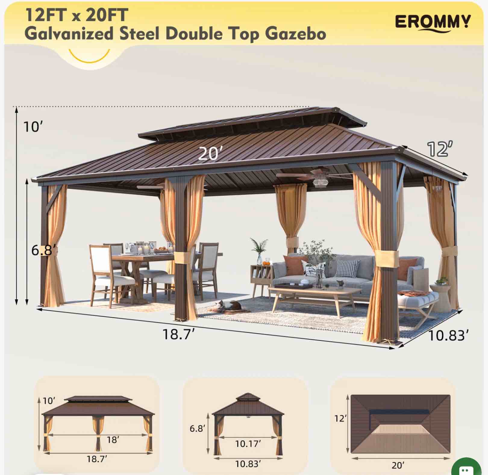 Hommow 12' x 20' Hardtop Gazebo Aluminum Frame Gazebo with Galvanized Steel Double Roof - Incomplete 