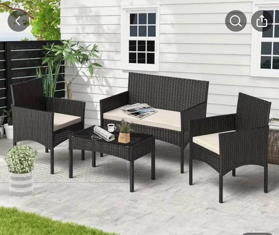 4pcs Patio Furniture Set, Outdoor Wicker Rattan Patio Conversation Furniture Set with Waterproof Cushion and Table for Lawn Backyard, Garden, Balcony, Porch and Poolside Black/ Grey Brand New in Box - SIMILAR COLOR 