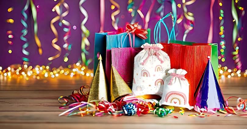 Bag with globes for party and Happy Birthday tablecloth 