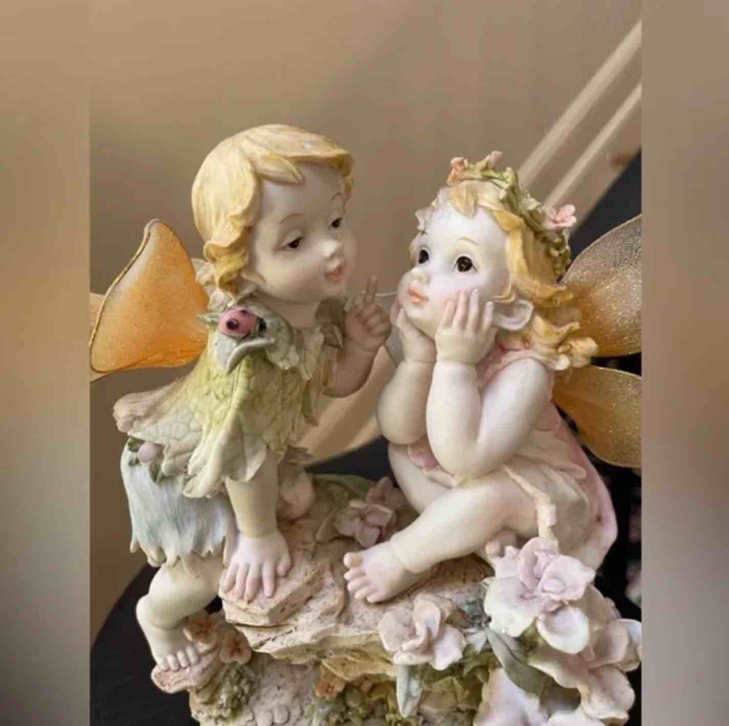 Vintage Floral GARDEN Fairy Sculpture Couple Sparkling Wings Ladybug - Similar to the stock 