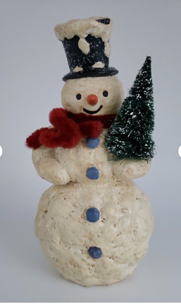 Vintage  Polyresin Glittery Snowman with Tree - similar to the stock 