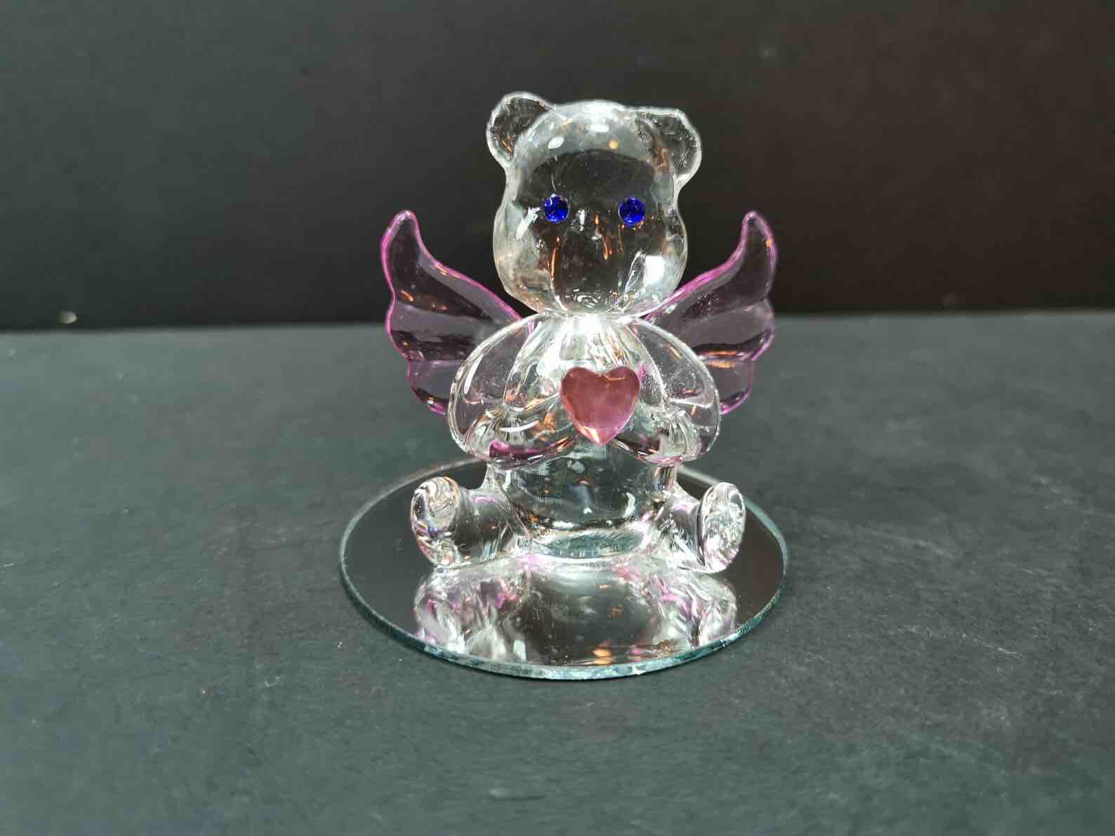 Vintage Crystal Glass Angel Teddy Bear Figurine on Mirrored Base Clear with Pink Heart and Wings - Similar to the stock 