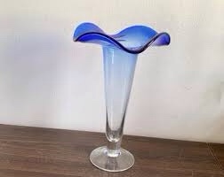 Vase Lovely Cobalt Blue To Clear Glass , Fluted with Scalloped Edge. - Similar to the stock 
