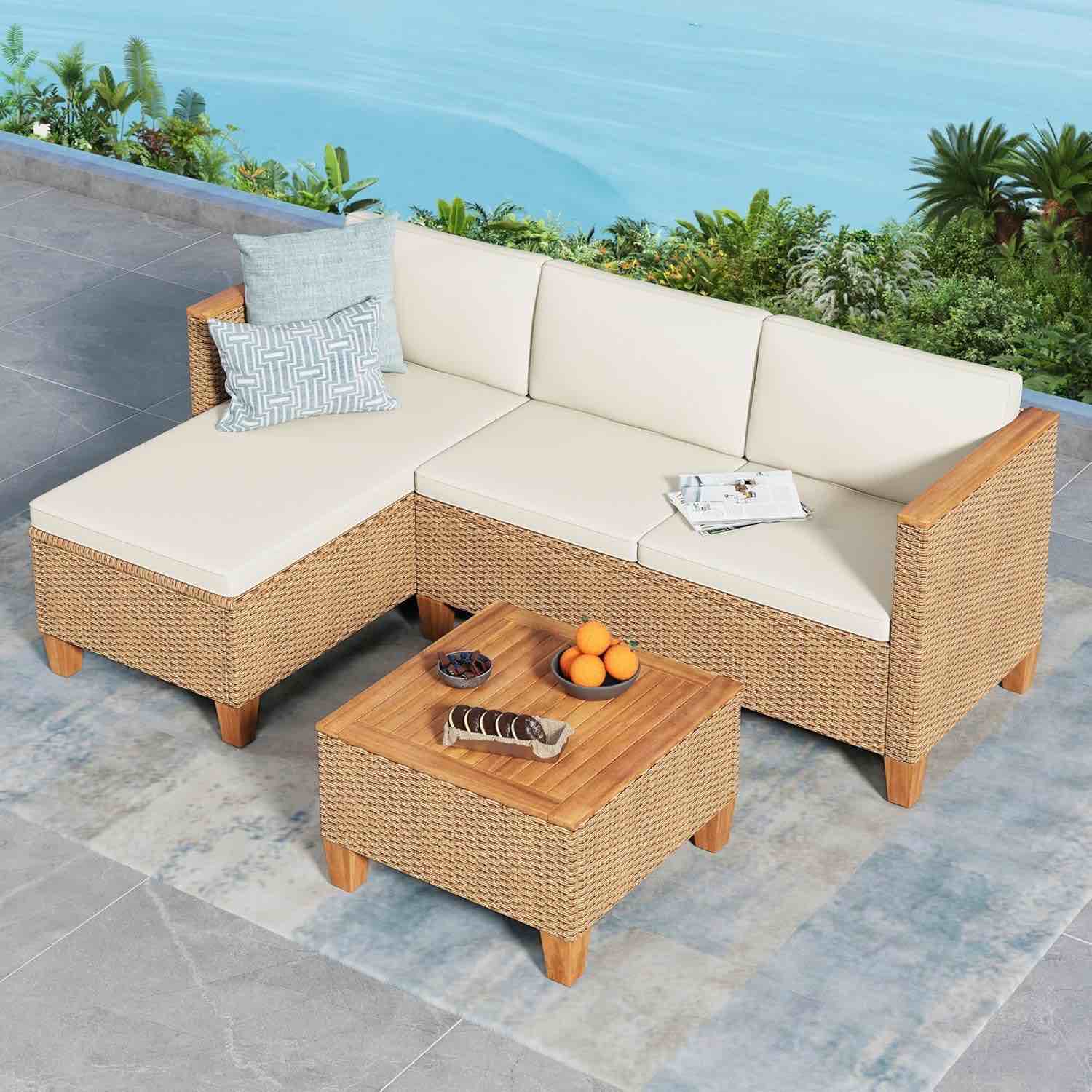 Wicker Patio Furniture Set, 3 Piece All-Weather Outdoor Patio Conversation Set, Outside L-Shaped Sectional Sofa Couch with Chaise Lounge and Coffee Table for Small Space Garden Deck